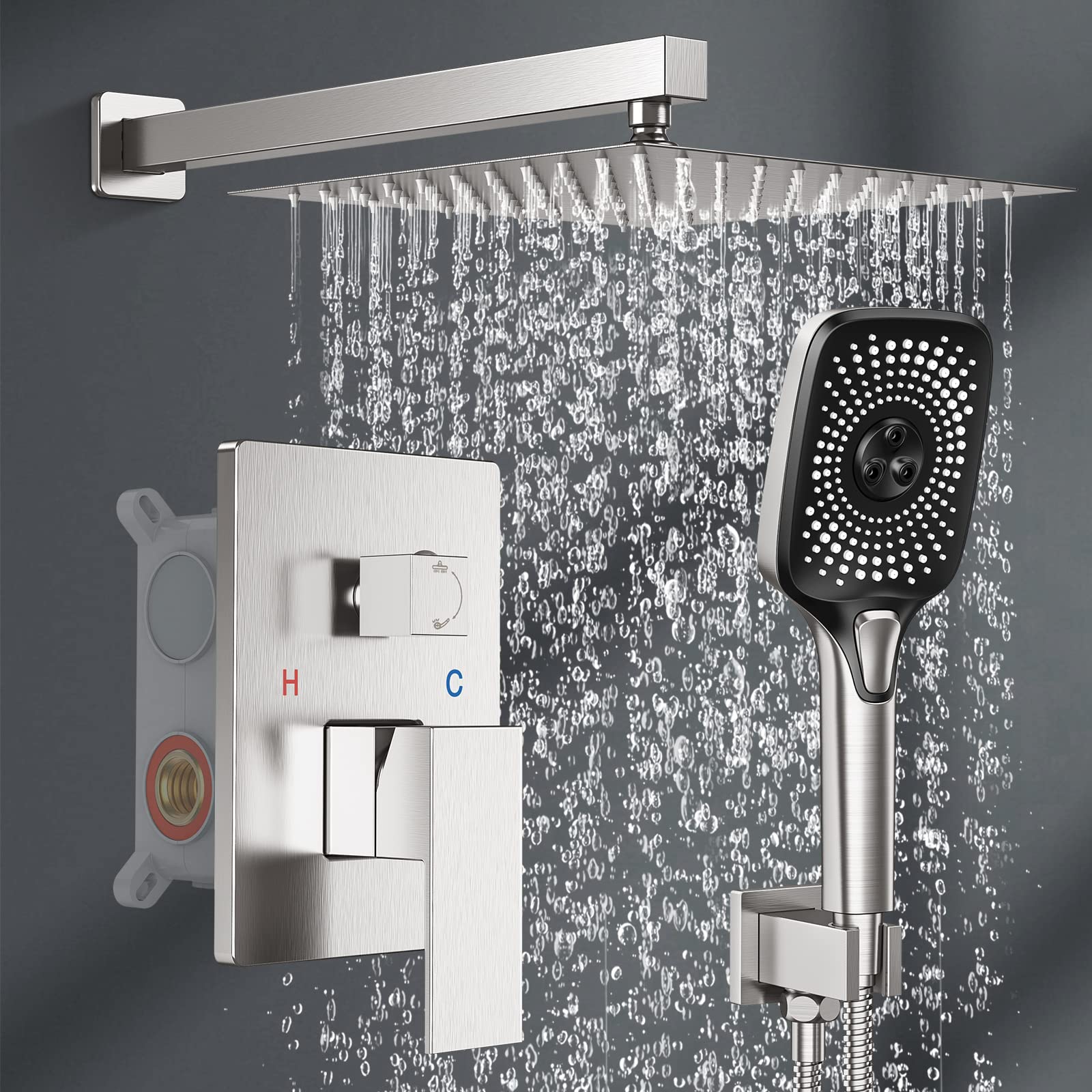 Premium 10-inch Rainfall Shower Head with Handheld Spray - 3-Function Stainless Steel Shower Faucet Set & Brass Pressure Balance Valve for Luxurious Spa-Like Bathroom Experience