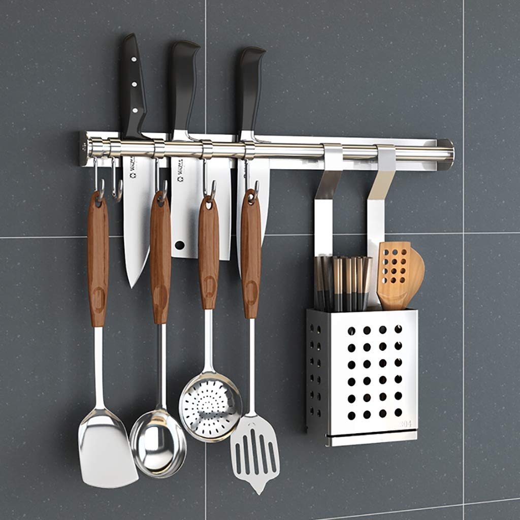 304 Stainless Steel Wall-Mounted Kitchen Organizer - 5 Hook Dish Rack with Chopsticks Cage & Knife Holder | 46cm Hanging Rod for Utensils Storage | Perfect for Small Kitchens & Space-Saving Solutions