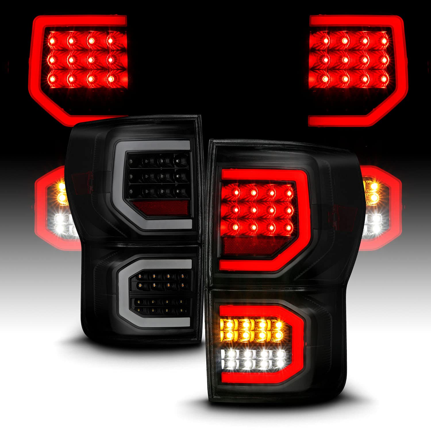 AmeriLite LED Tail Lights for 2007-2013 Toyota Tundra - Dark Black Dual C-Type Tube Replacement Brake Lamps | Enhanced Visibility & Style for Night Driving & Off-Road Adventures