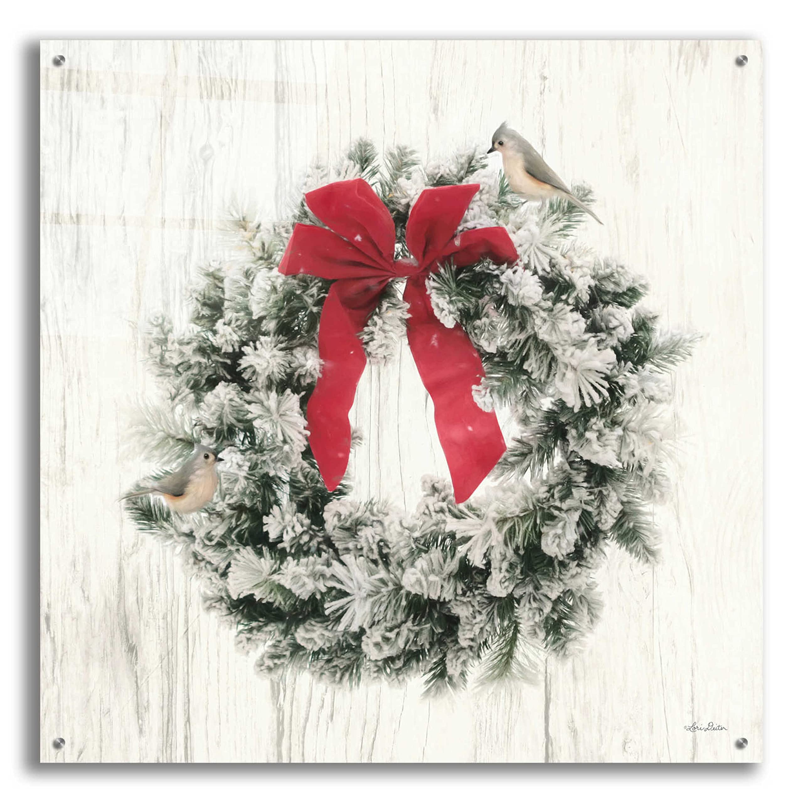 Lori Deiter 'Titmouse Christmas Wreath' Acrylic Glass Wall Art - 36x36 Inch Holiday Home Decor for Living Room, Bedroom & Office