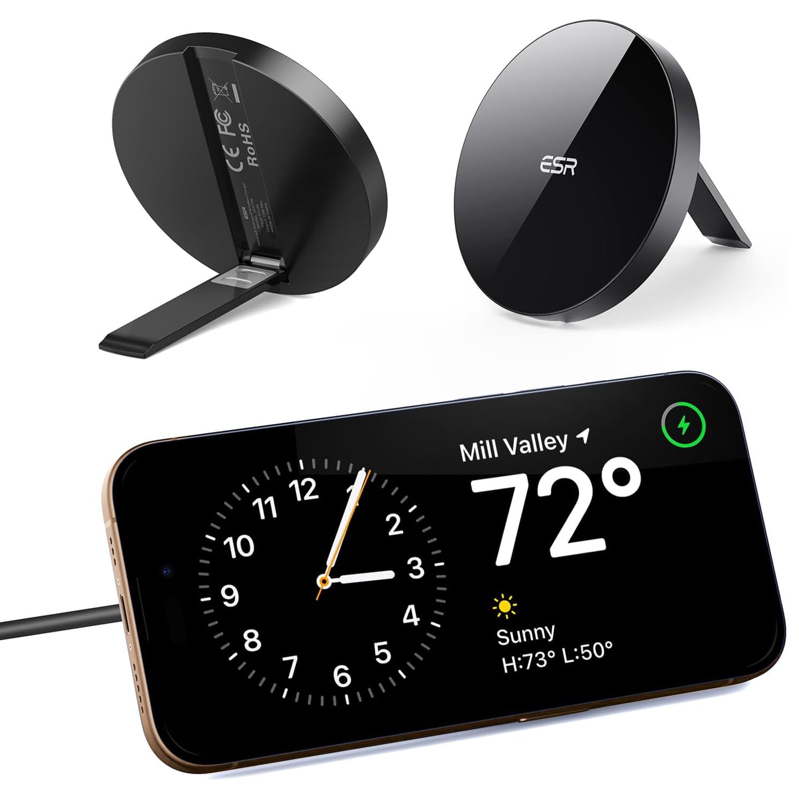ESR HaloLock Magnetic Wireless Charger Stand for iPhone 16/15/14/13/12 Series & AirPods 4 - Magsafe Compatible Charging Station with Kickstand & 5ft Detachable Cable (Black) - Perfect for Home, Office & Travel Use