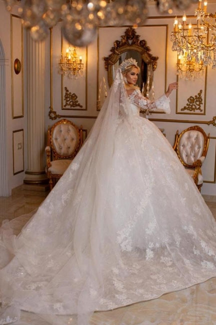 Ballbella Elegant Sweetheart Neckline Lace Wedding Dress with Long Sleeves - A-Line Ball Gown Bridal Gown for Church Ceremony, Formal Wedding & Princess-Themed Events