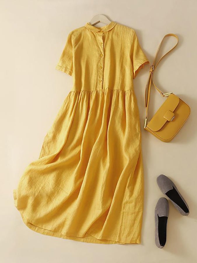 Lovevop Women's Cotton Linen Short Sleeve Casual Dress - Solid Color Summer Dress for Beach, Vacation & Everyday Wear