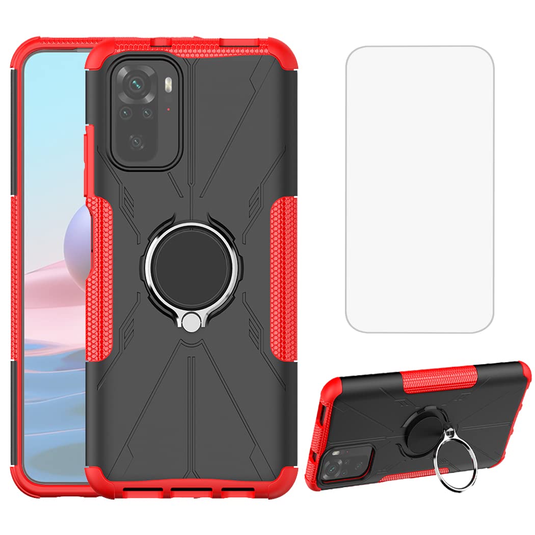Premium Shockproof Phone Case for Xiaomi Redmi Note 10 4G/Redmi Note 10S with Tempered Glass Screen Protector & 360° Rotatable Metal Ring Holder - Perfect for Daily Use, Travel and Hands-Free Viewing (Red)