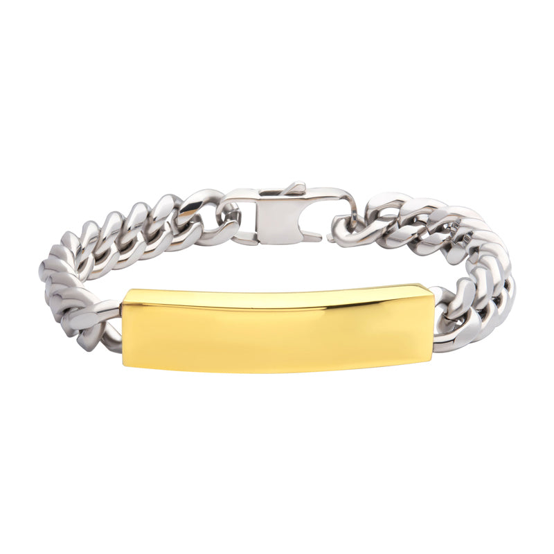 10mm Steel Curb Chain Two-Tone Bracelet with 18K Gold IP Engravable ID Plate - Durable Unisex Jewelry for Men & Women, Perfect for Gifts, Anniversaries & Everyday Wear
