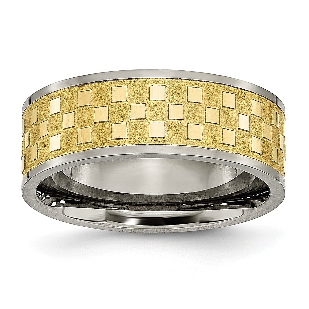 ICE CARATS Titanium 8mm Yellow Checkered Band Ring - Elegant Wedding & Fashion Jewelry for Women - Perfect Gift for Her - Ideal for Anniversaries, Engagements & Special Occasions