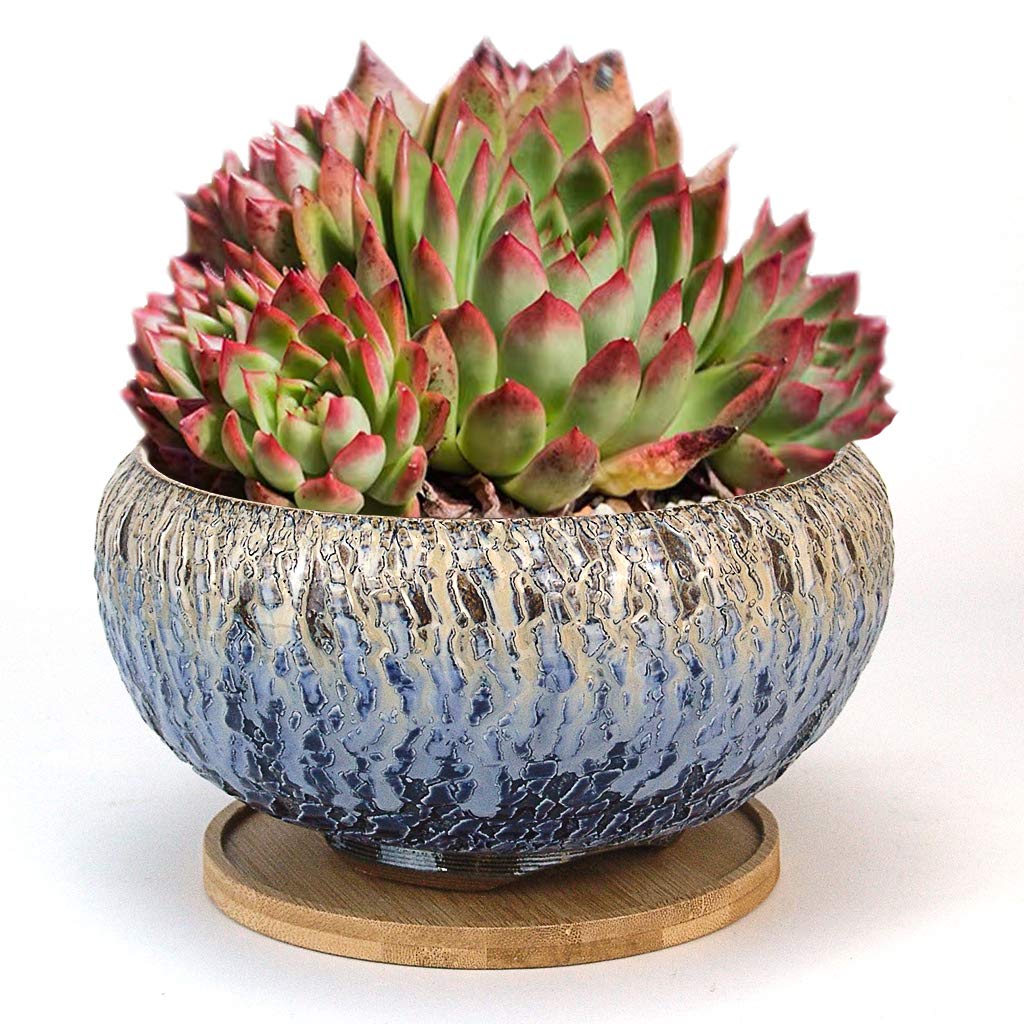 8 Inch Natural Cracking Round Ceramic Succulent Planter with Drainage Hole & Saucer - Blue Cactus Flower Pot for Home Decor, Office Desk, Garden & Indoor Plants