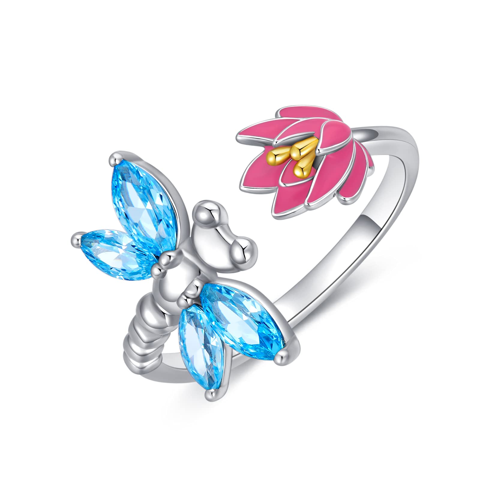 925 Sterling Silver Dragonfly Lotus Adjustable Open Ring - Elegant Boho Jewelry Gift for Women, Perfect for Weddings, Parties & Everyday Wear
