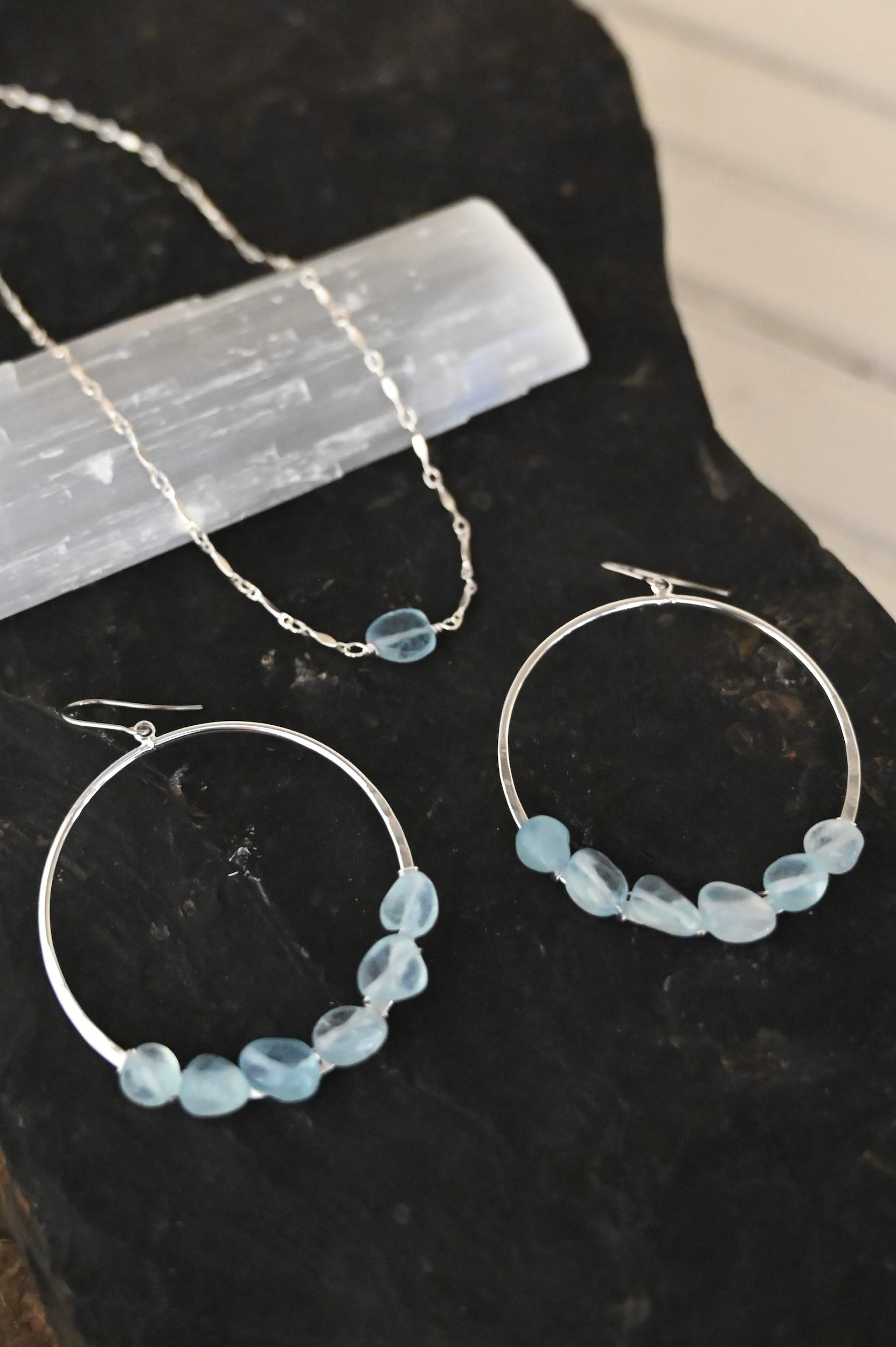 Be Open And Flow Aquamarine Earring And Necklace Set - Sterling Silver Gemstone Jewelry for Women, Perfect for Weddings, Parties & Everyday Wear