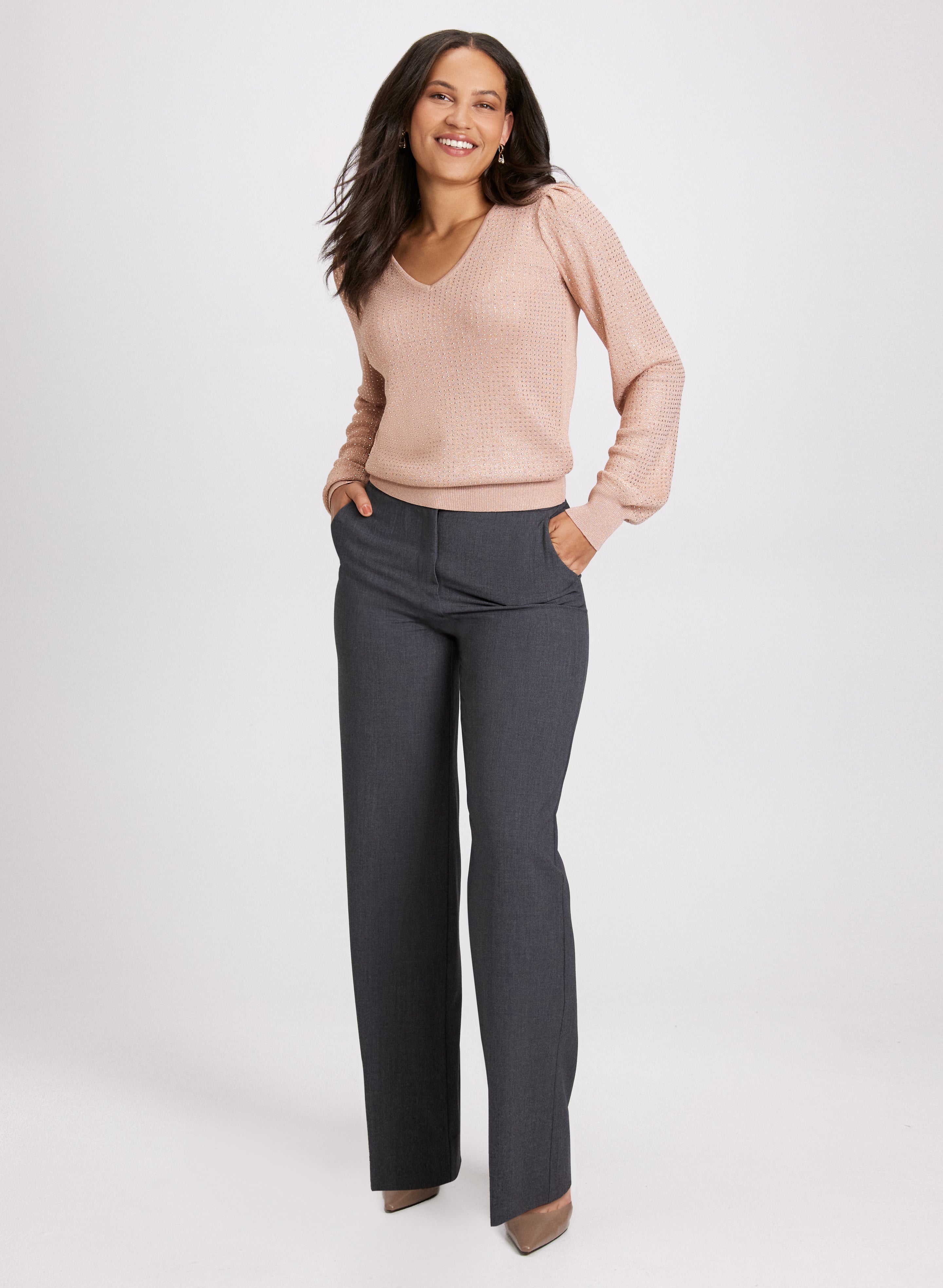 Embellished Sweater & City Fit Pants for Women | Trendy Knit Top & Slim Fit Trousers | Perfect for Office Wear & Casual Outings