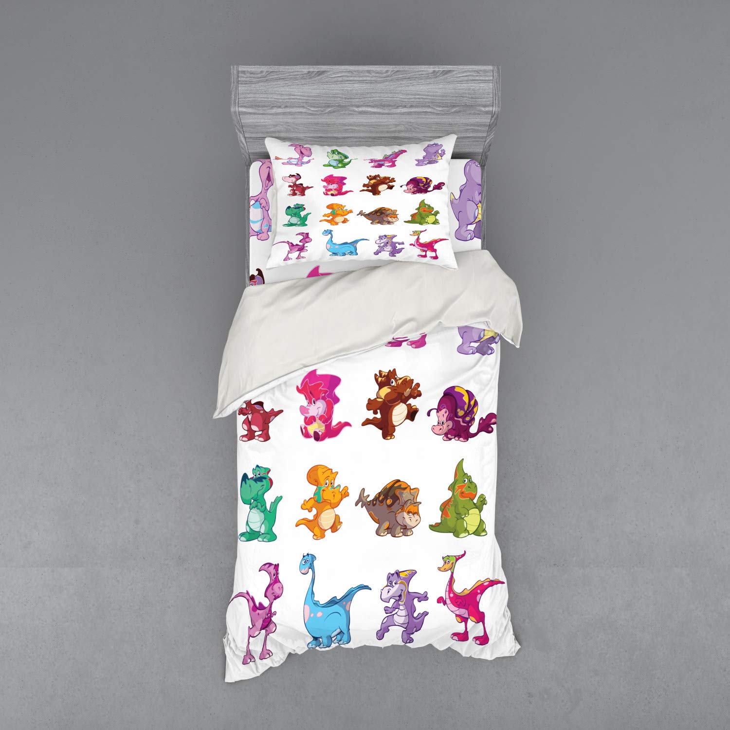 Ambesonne Jurassic Dinosaur Bedding Set - 3 Piece Duvet Cover with Sham & Fitted Sheet, Twin XL Size, Funny Dino Extinction Comic Cartoon Design, Multi Color - Perfect for Kids Room, Dinosaur Themed Bedroom & Jurassic Park Fans