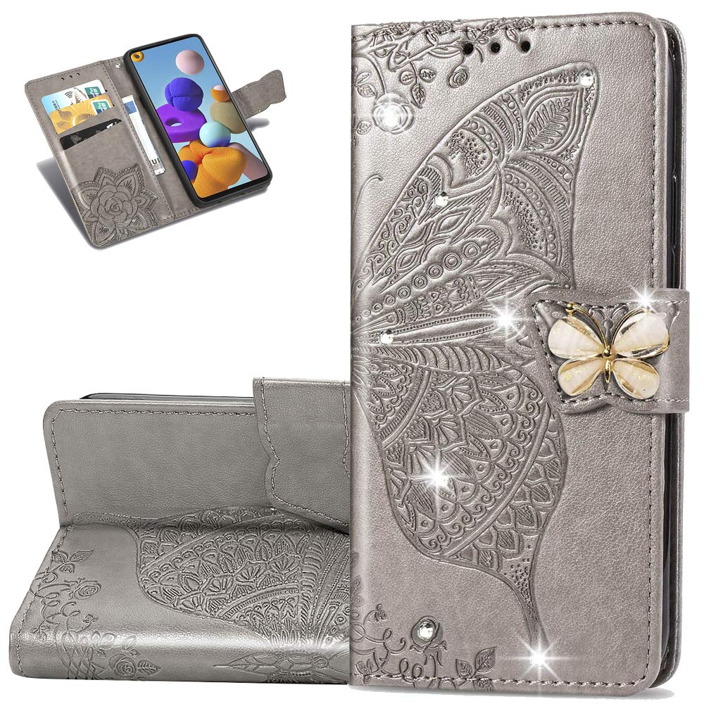 Stylish Shiny Diamond Wallet Case for iPhone XR - PU Leather Flip Cover with Credit Card Slots & Magnetic Stand | Shockproof Glitter Butterfly Gray Design | Perfect for Everyday Use, Travel & Business Meetings