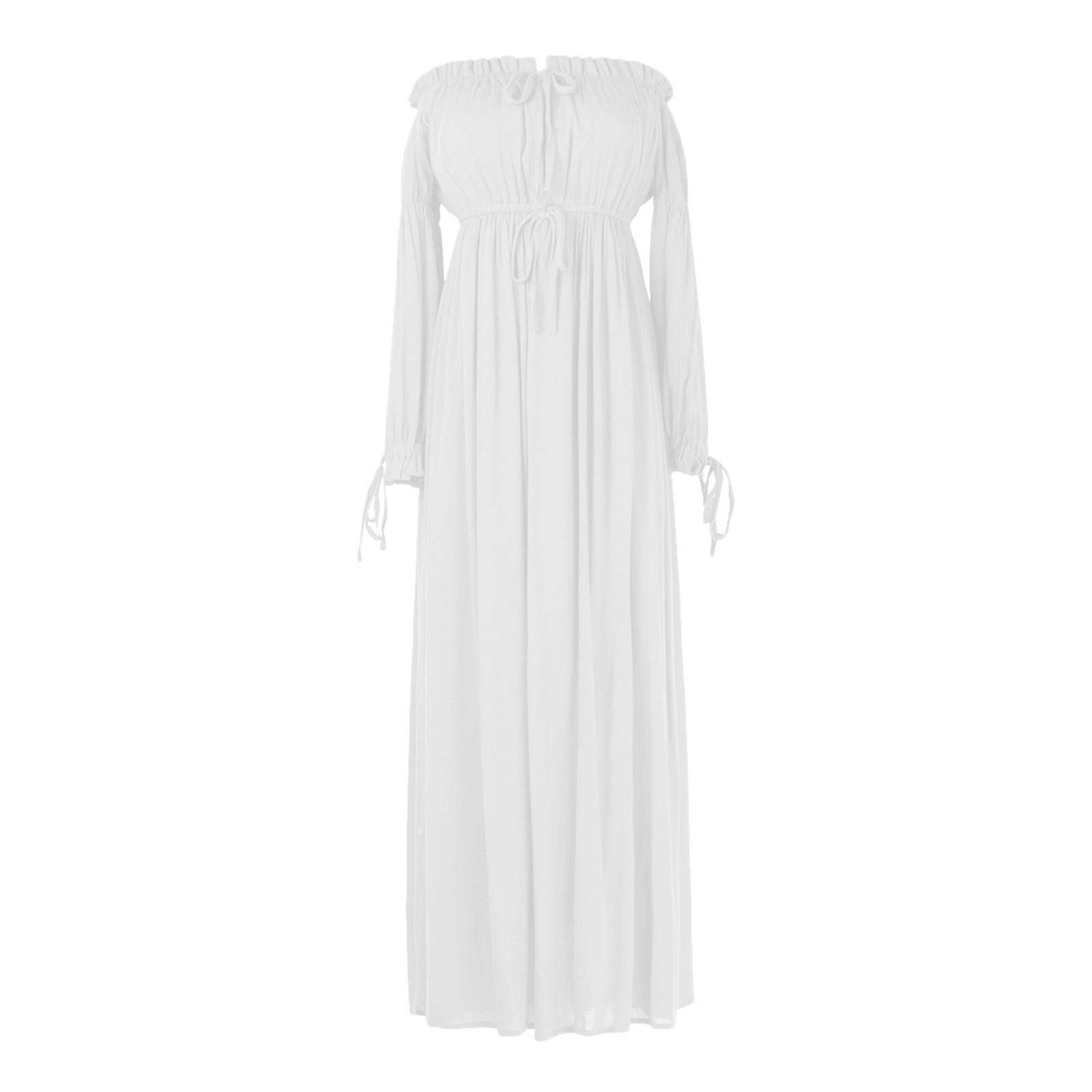 Women's Smocked Waist Medieval Vintage Chemise Peasant Maxi Dress - White Size M | Renaissance Fair, LARP, Cosplay & Boho Chic Outfit