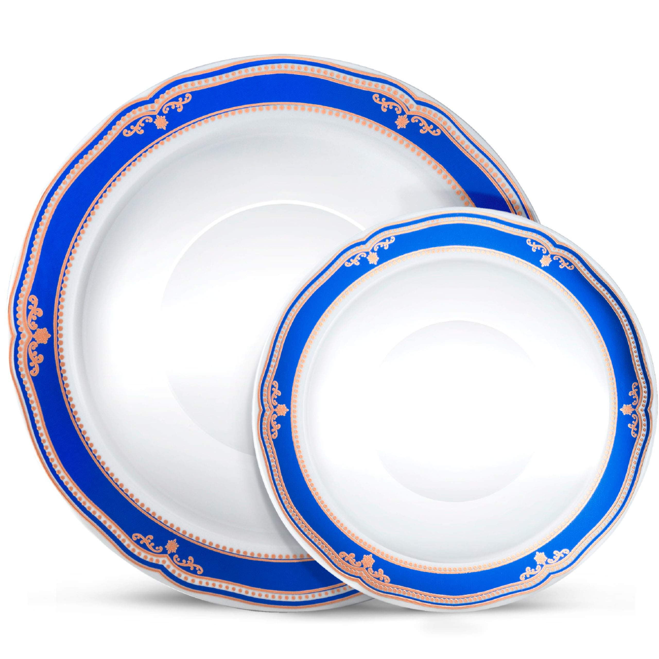 Laura Stein Elegant Disposable Plastic Dinnerware Set - 32-Piece Party Bowls for Weddings & Events (16 x 12oz Soup Bowls + 16 x 5oz Dessert Bowls) - White with Cobalt Blue Rim & Rose Gold Accents - Perfect for Wedding Receptions, Bridal Showers, Birthday Parties & Formal Gatherings