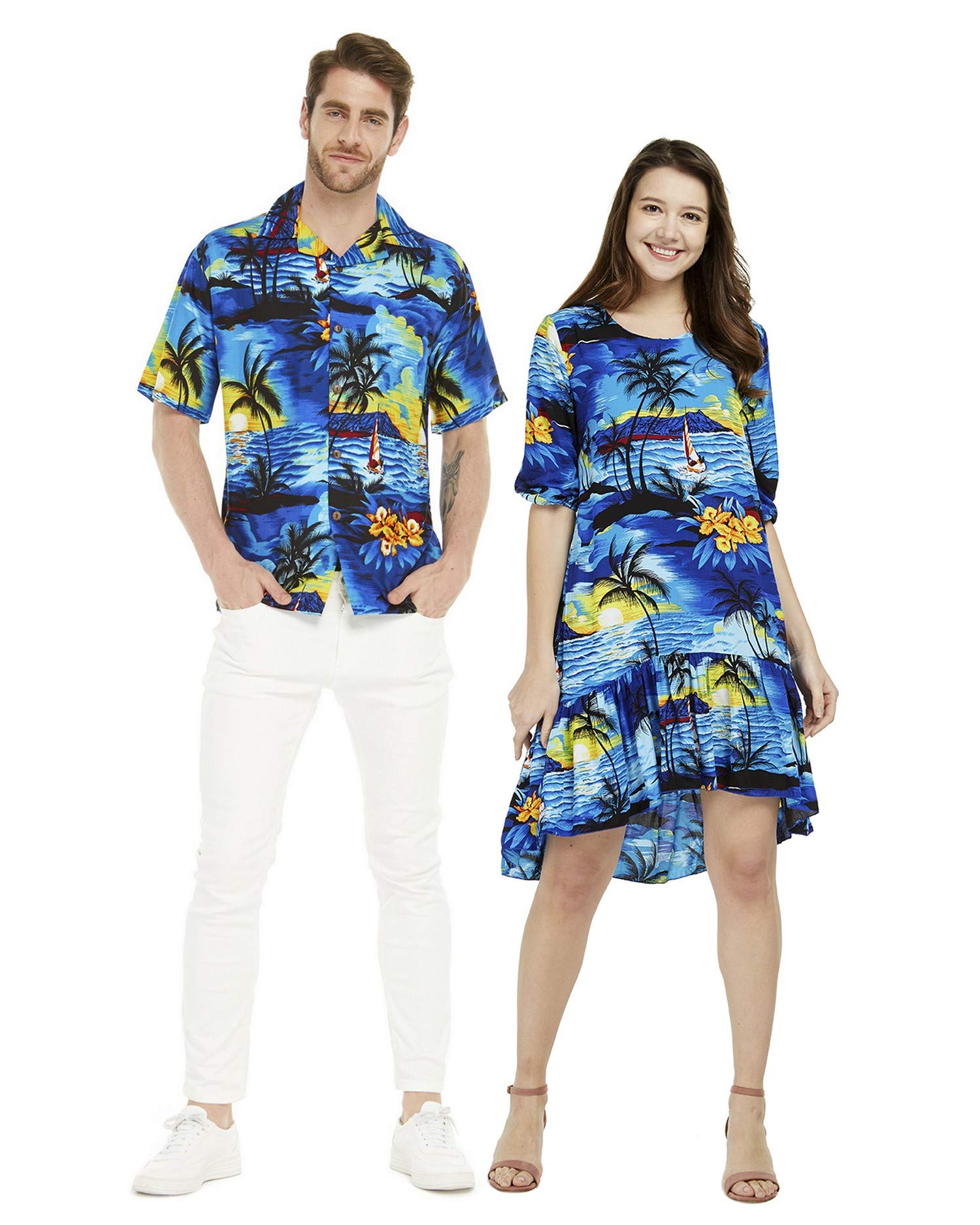 **Matching Hawaiian Luau Shirt & 3/4 Sleeve Ruffle Dress Set for Couples - Sunset Blue - Tropical Beach Vacation Outfit for Date Night & Summer Parties**
