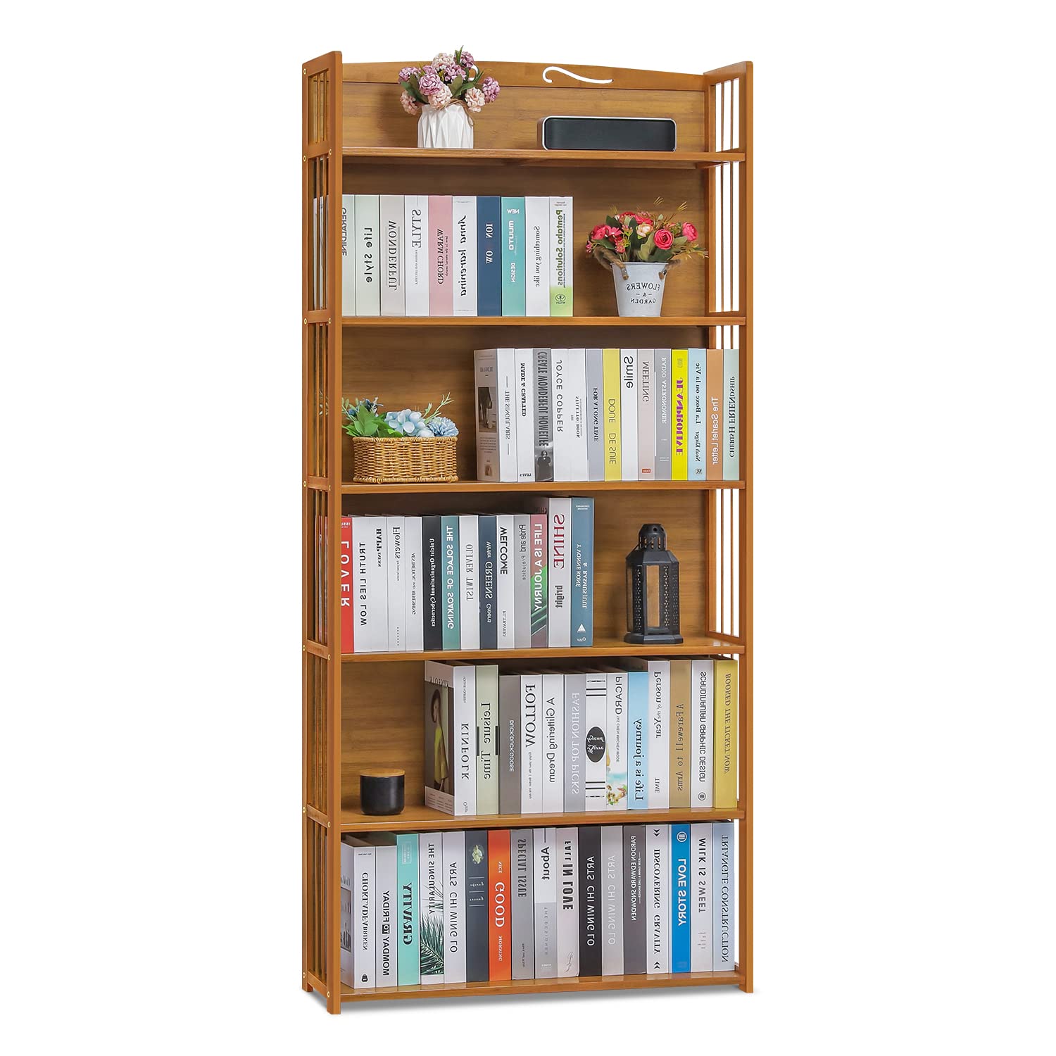 MoNiBloom 6-Tier Adjustable Bamboo Bookshelf - Tall Bookcase Organizer with Free Standing Storage for Living Room, Study, Office & Balcony - Natural Wood Shelf for Books, Plants & Home Decor
