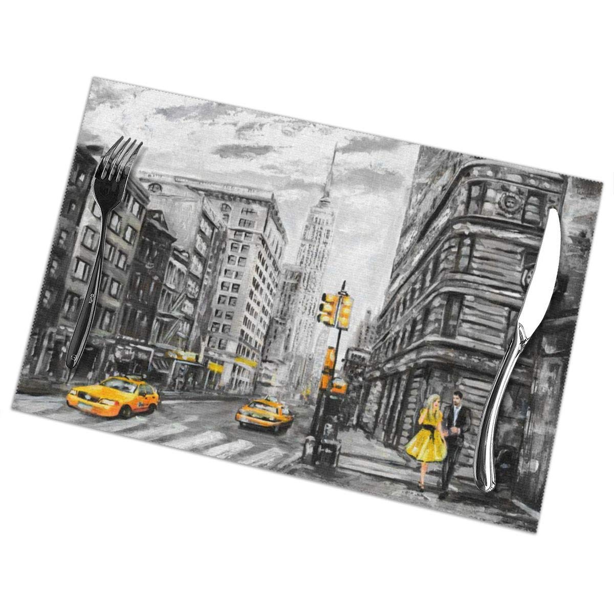 New York City Themed Placemats Set of 6 - Washable, Oil Proof & Non-Slip Table Mats for Dining - Features Iconic Street Scenes with Cooper Yellow Dress Girl & Modern Grey Couple Designs - Perfect for Home Dining, Restaurant Decor, and New York Inspired Interior Styling