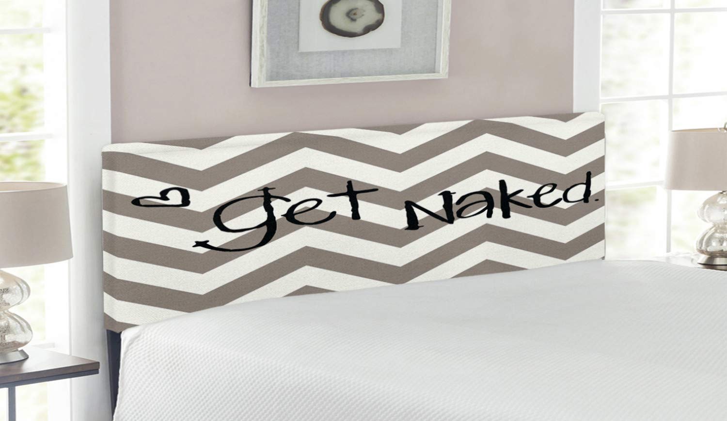 Ambesonne Queen Size Upholstered Metal Headboard with Memory Foam - Hand Drawn Zig Zag Design Featuring 'Get Naked' Phrase & Heart Motif in Taupe, Cream & Black - Perfect for Modern Bedroom Decor & Bohemian Style Interiors