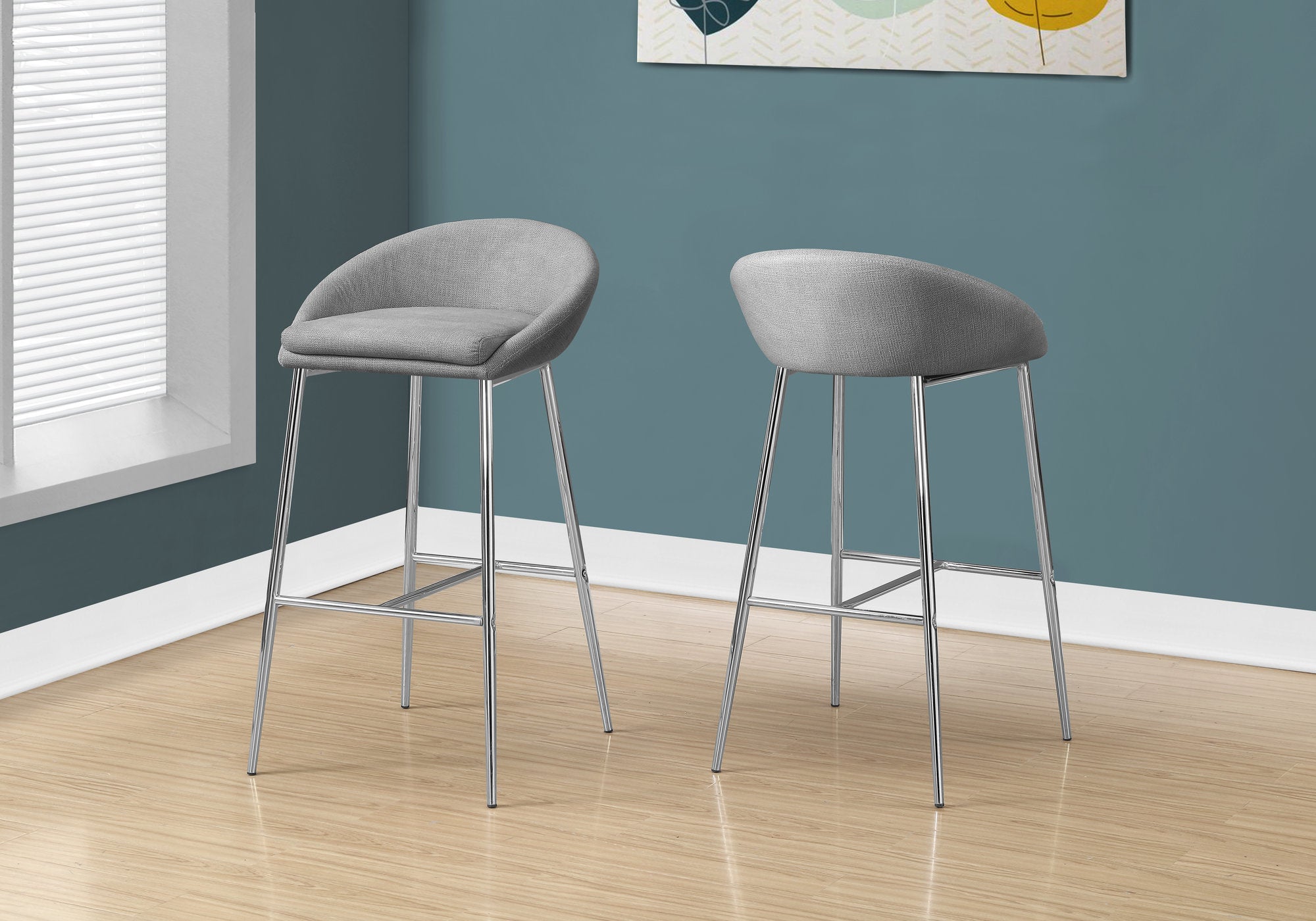 Premium Grey Fabric Barstools with Chrome Base - Set of 2 Bar Height Stools for Kitchen Island, Breakfast Nook & Home Bar Seating