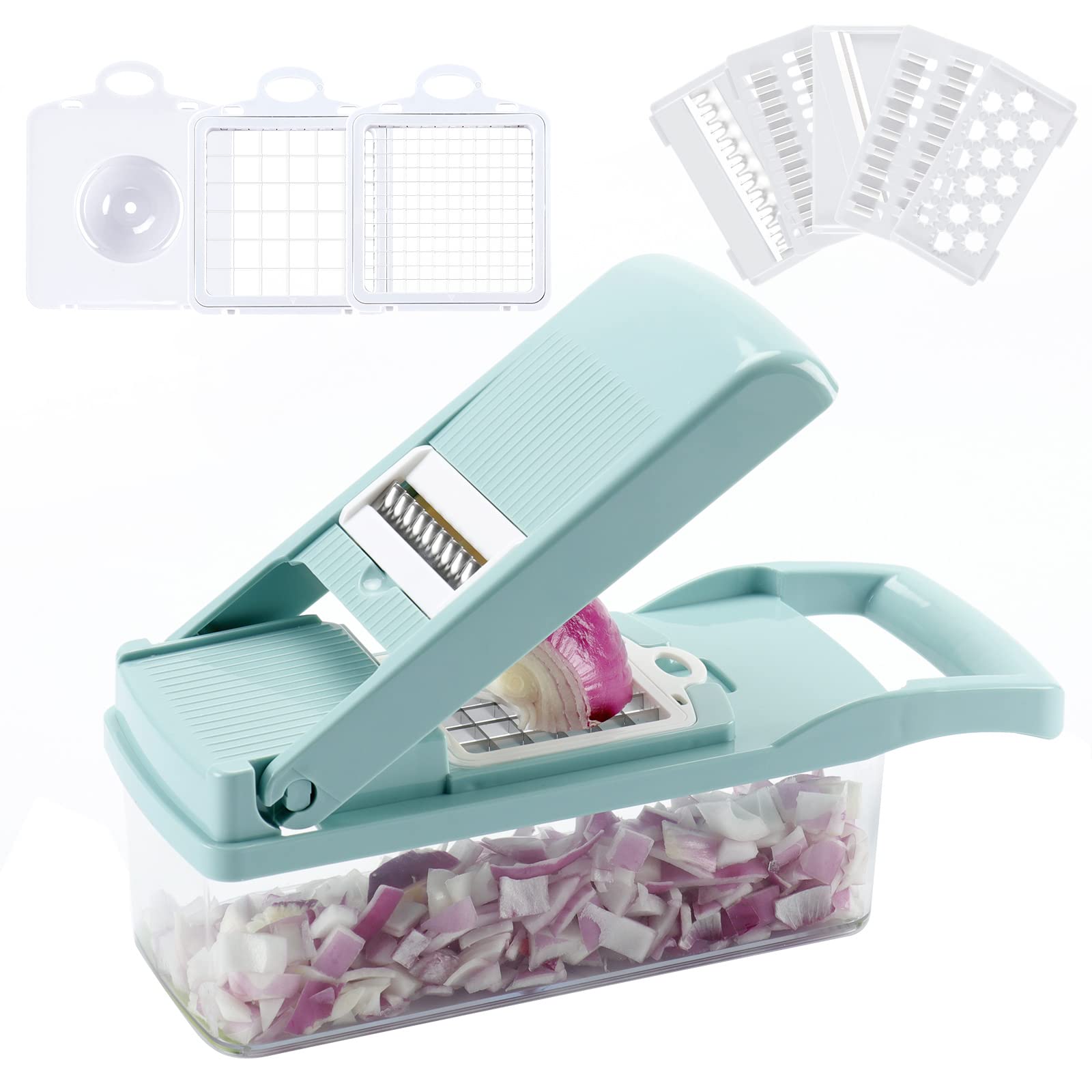 Premium Vegetable Chopper - Cambom Multifunctional Onion Dicer, Mandoline Slicer with 8 Blades & Colander Basket - Perfect for Salad Prep, Meal Kits & Quick Cooking