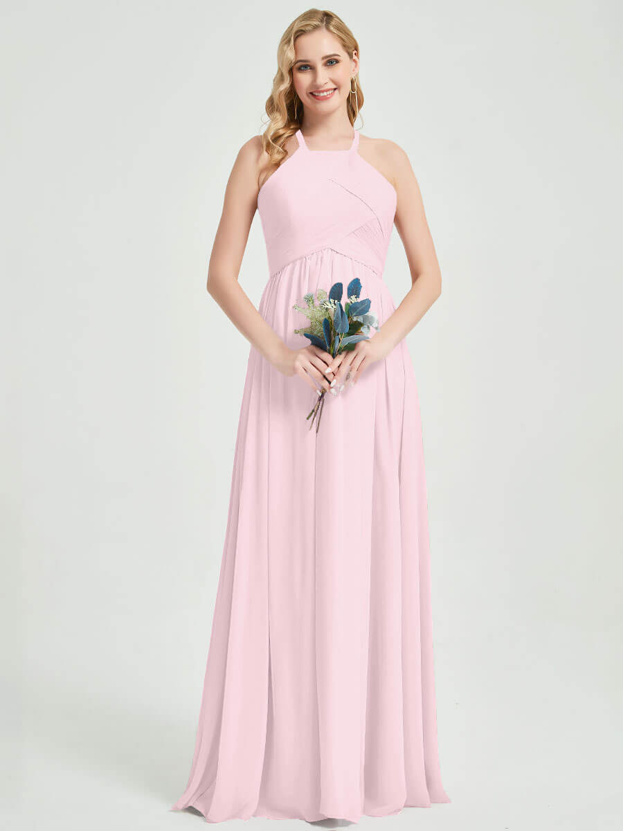 Elegant Blush Halter Pleated Keyhole Back Chiffon Floor Length Bridesmaid Dress - Perfect for Weddings, Formal Events & Special Occasions