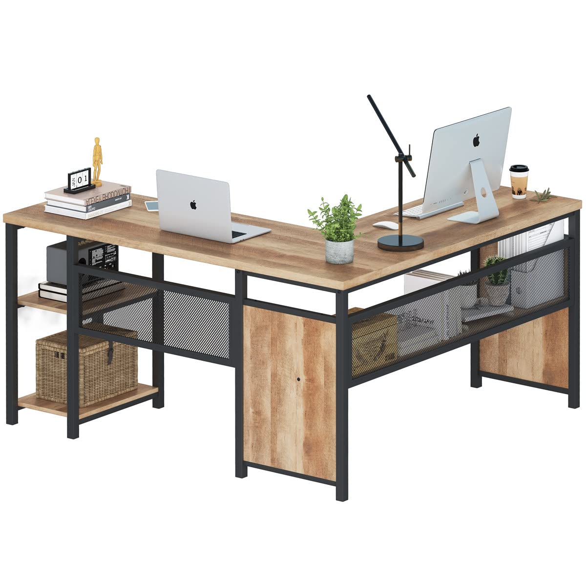 FATORRI 59 Inch L-Shaped Computer Desk with Wood Shelves & Metal Legs - Industrial Rustic Home Office Corner Desk (Rustic Oak) | Perfect for Small Spaces, Gaming & Workstation Setup