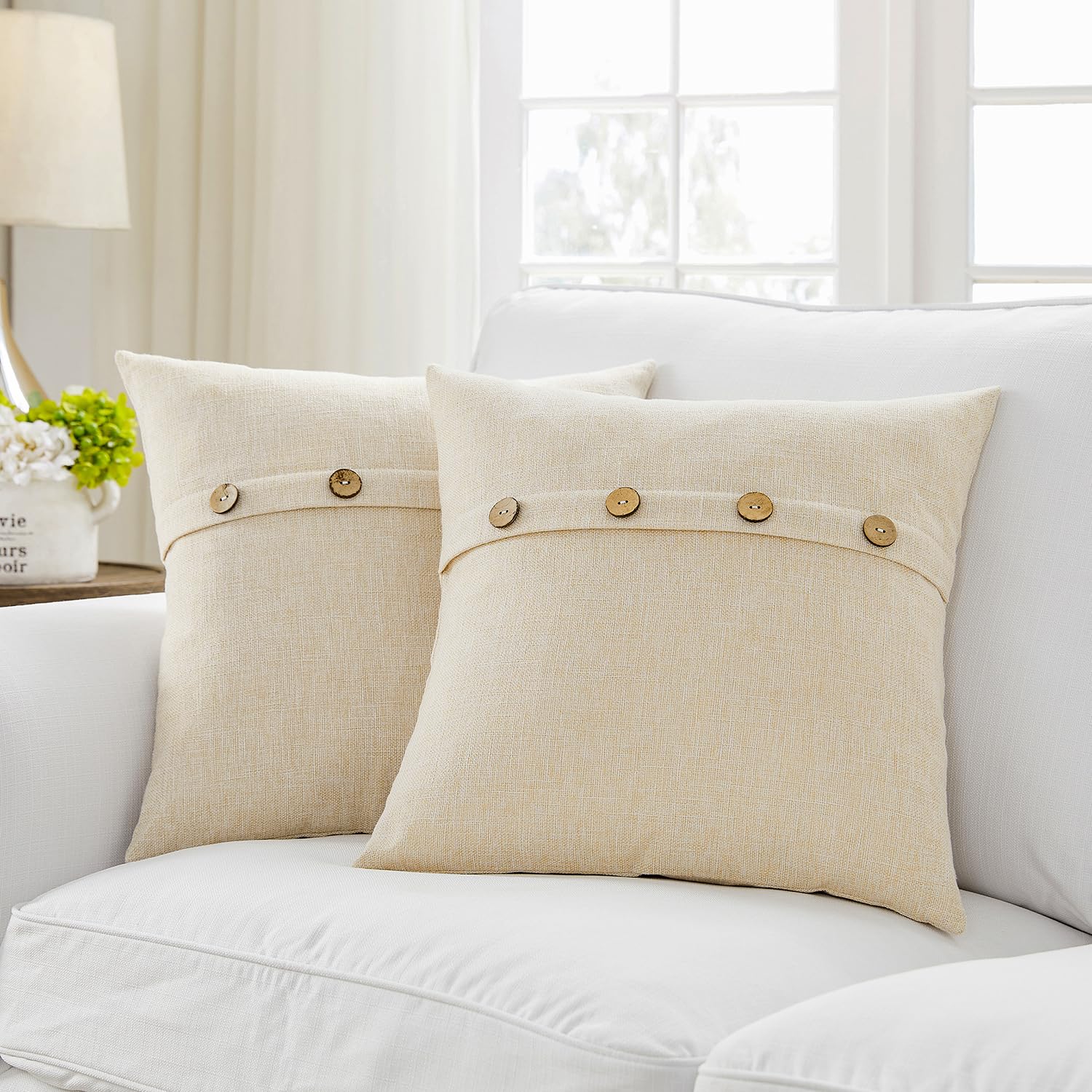 Meekio Set of 2 Light Beige 18x18 Inch Square Farmhouse Pillow Covers with Coconut Buttons - Decorative Couch Cushion Covers for Living Room, Bedroom & Sofa - Cozy Home Decor Accent Pieces