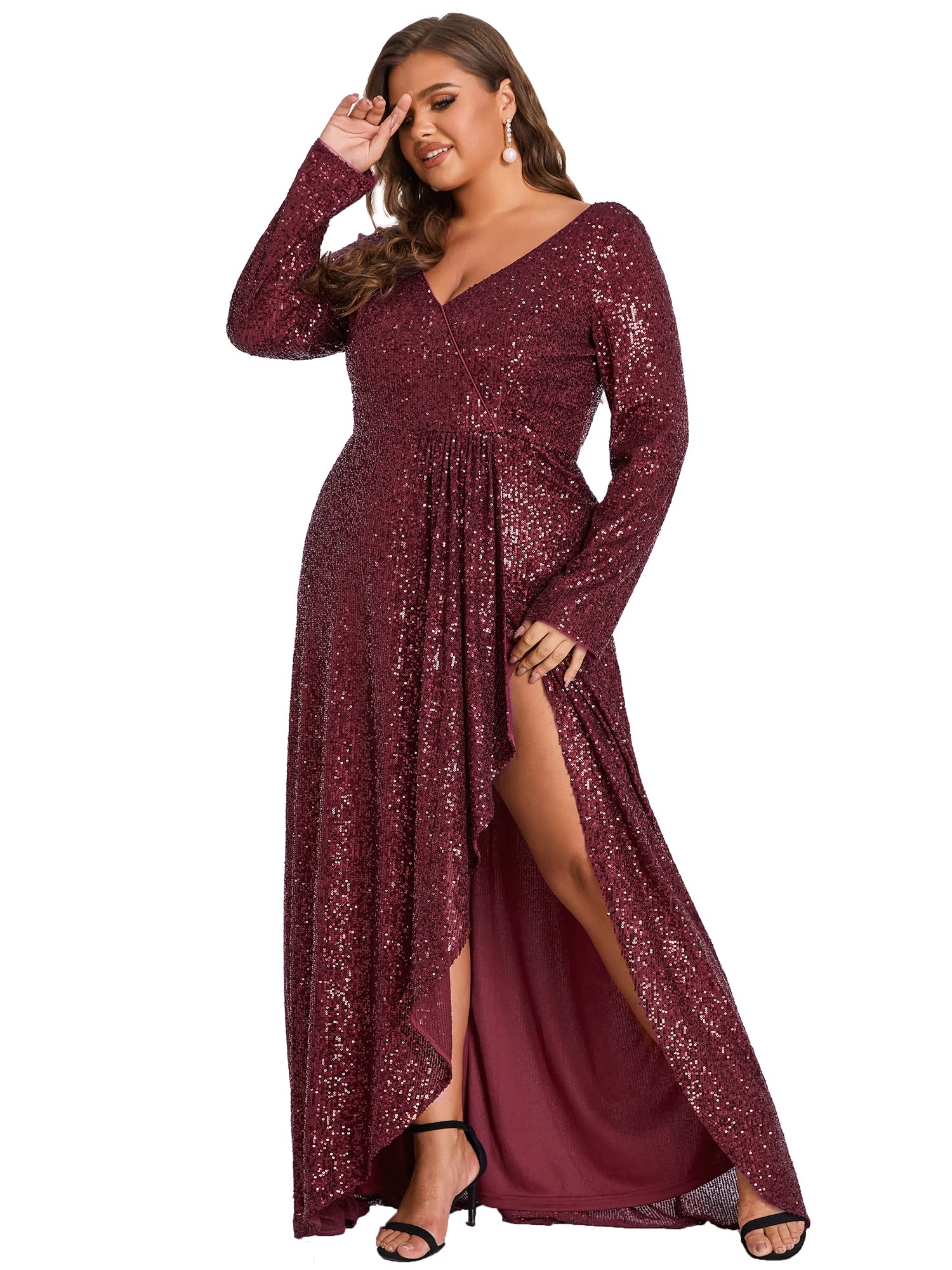 Ever-Pretty Women's Plus Size V-Neck Sequin Long Sleeve Formal Evening Dress 50146 - Elegant Party Gown for Prom, Wedding Guest, Cocktail & Special Occasions