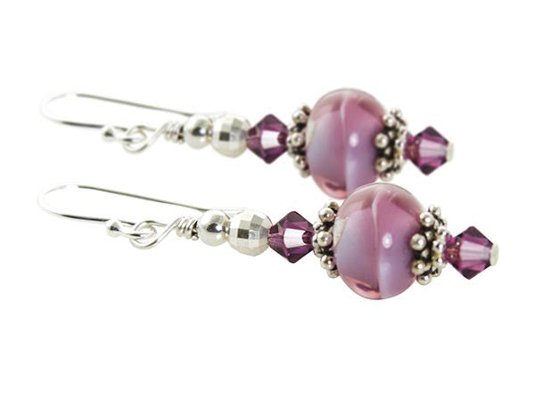 Handmade Amethyst Swirl Lampwork Glass Earrings | Purple Crystal Dangle Earrings for Women | Perfect for Parties, Weddings & Special Occasions