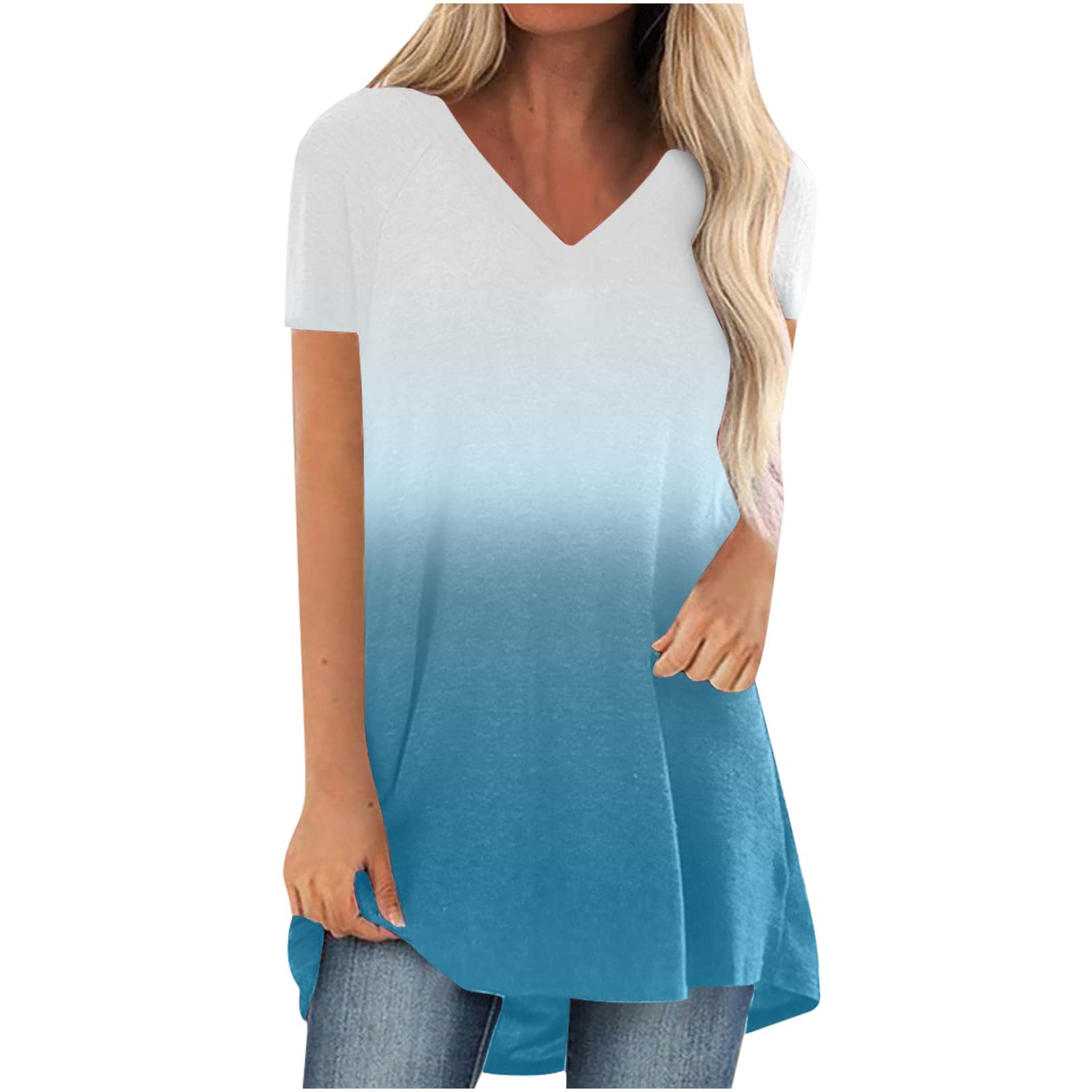 Plus Size Women's Summer Tops - Gradient Print V-Neck Short Sleeve Loose Tunic Blouse for Casual Wear | Beach, Office & Vacation Outfits