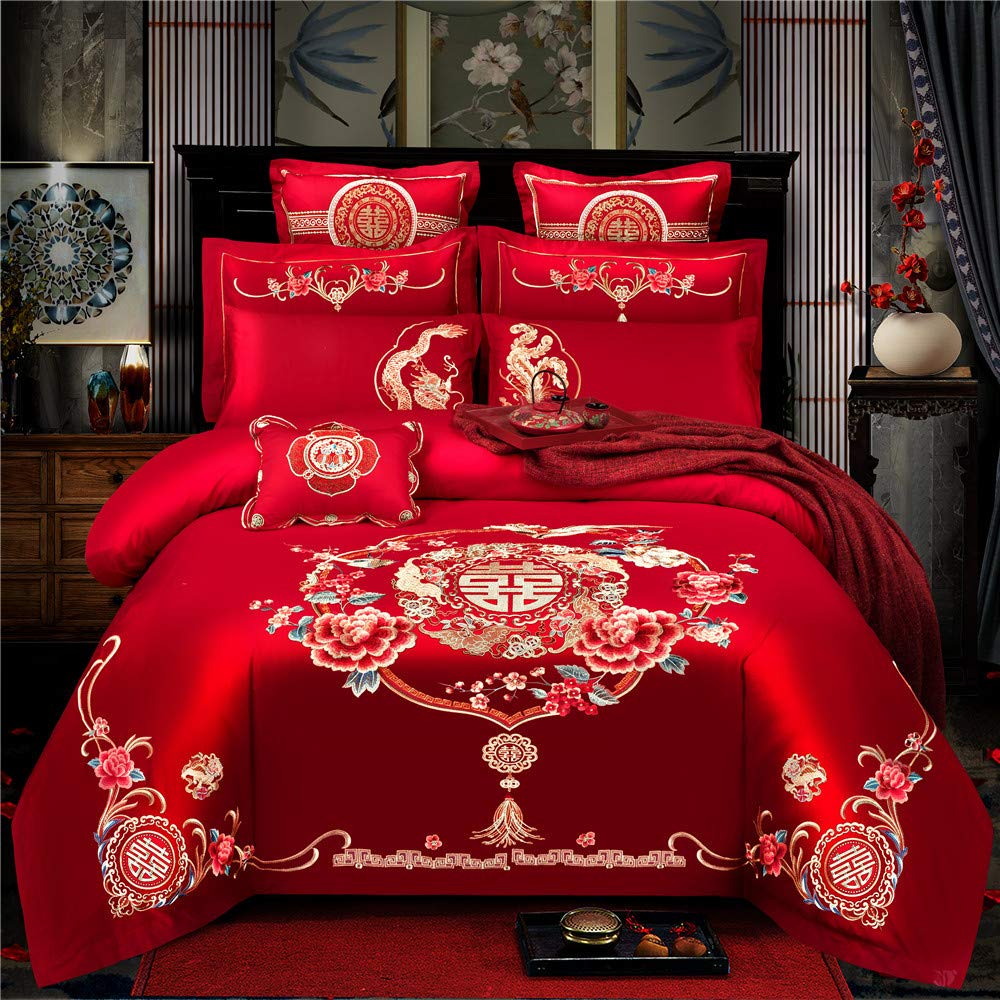 EsyDream Double Happiness Chinese Wedding Bedding Set - Red Embroidered Floral Queen Size 10-Piece Cotton Duvet Cover Set | Traditional Bridal Bed Linens for Wedding Night, Anniversary & Asian-Themed Home Decor
