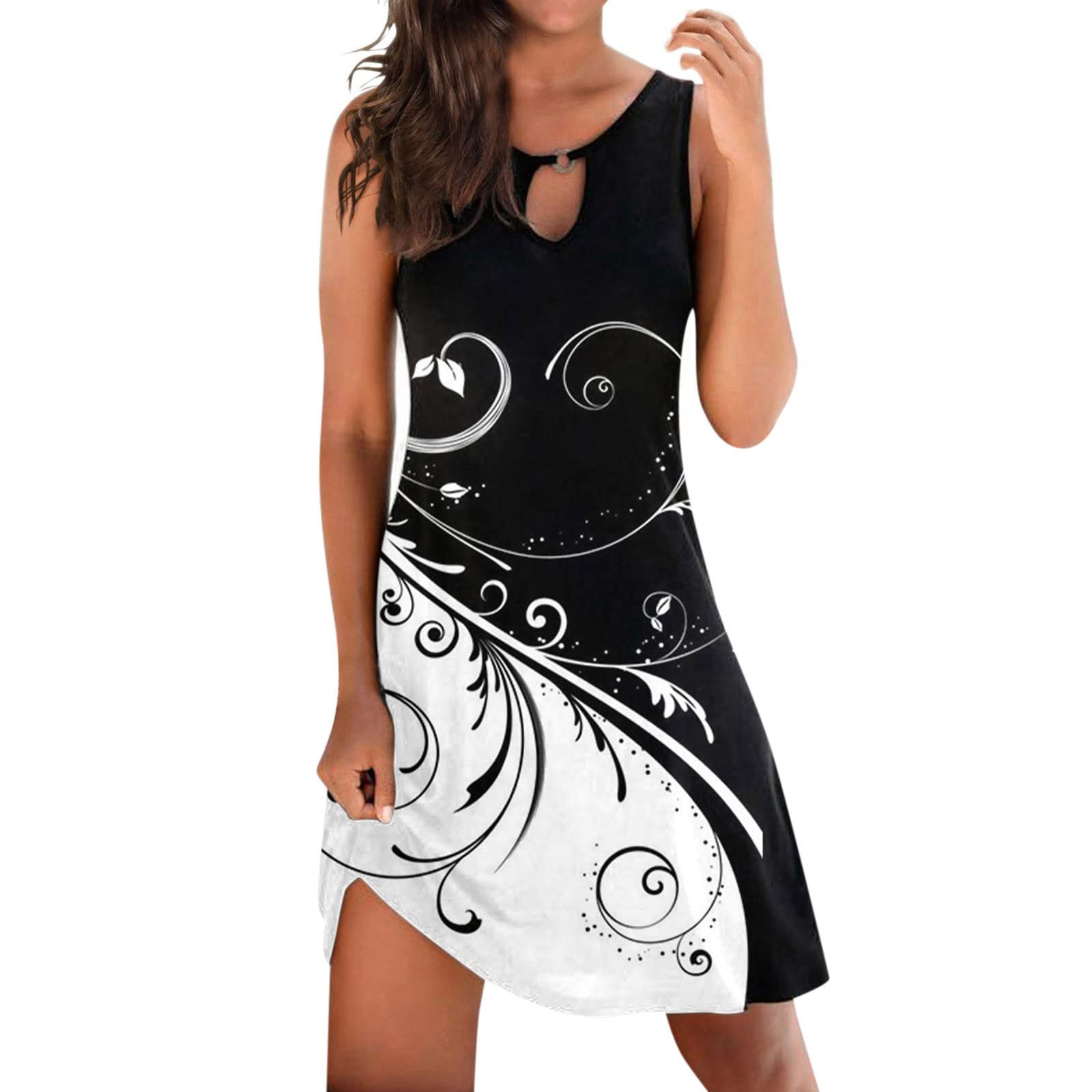 Women's Casual Sleeveless Mini Dress - Flowy V-Neck Cutout Tank Dress with Printed Design for Summer Beach, Vacation & Outdoor Activities