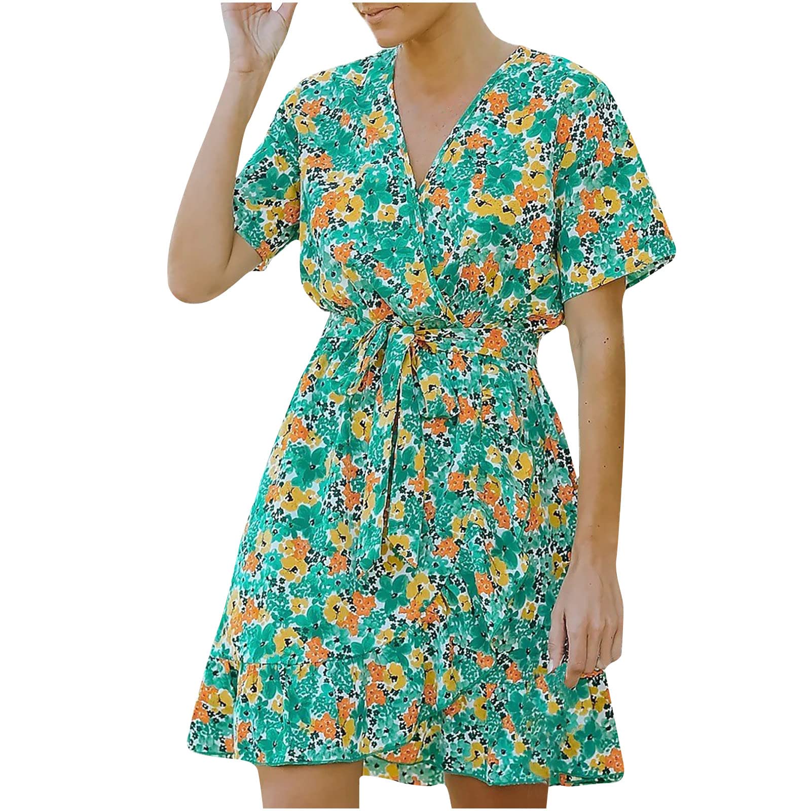 Boho Dresses for Women - Sexy V Neck Drawstring Midi Sundress with Floral Print | Summer Beach Party, Casual Outfit, Vacation Wear, Date Night Dress