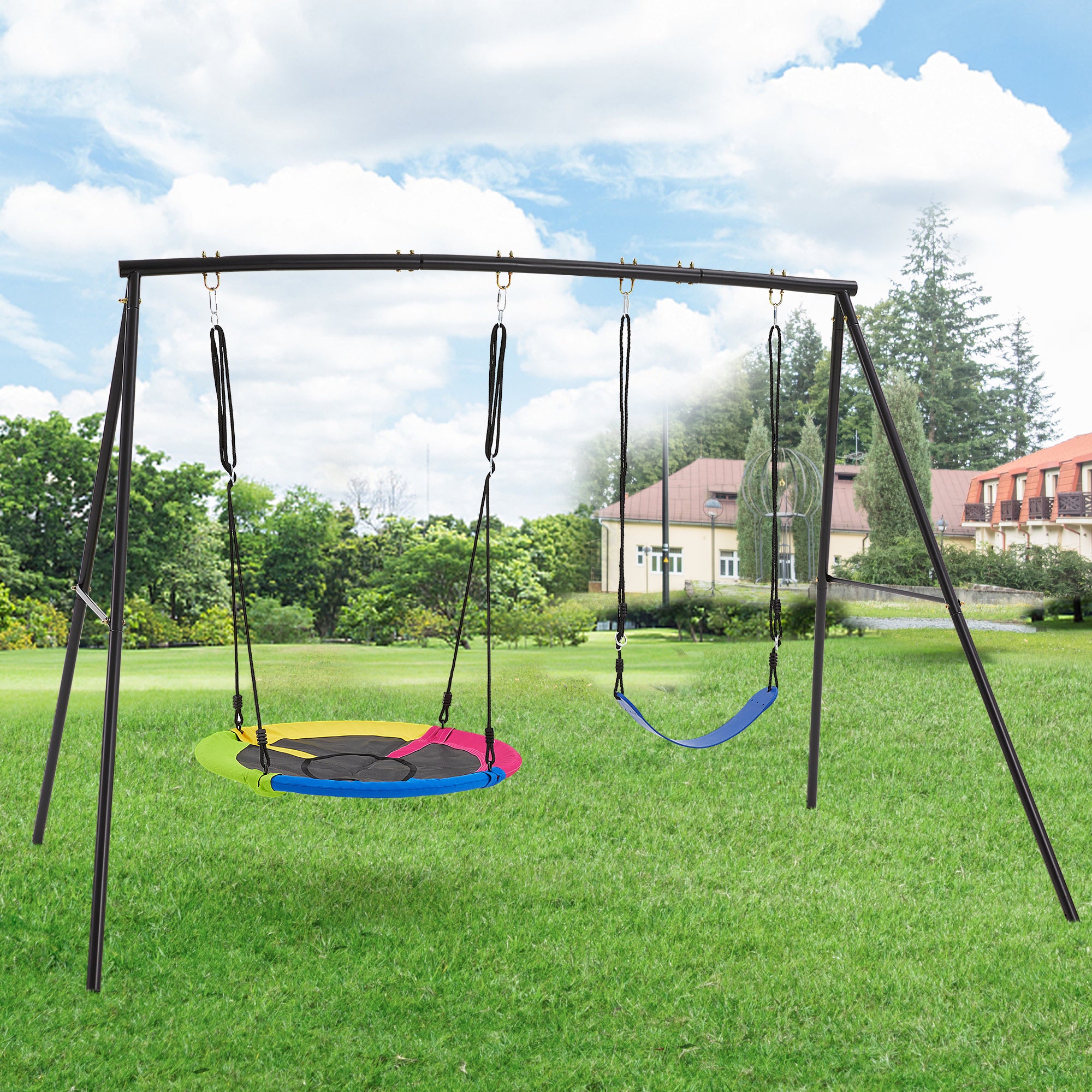 Heavy Duty A-Frame Metal Swing Set for Kids - 440lbs Weight Capacity with Saucer & Belt Swings - Durable Outdoor Playground Equipment for Backyard, Park, or School Play Area
