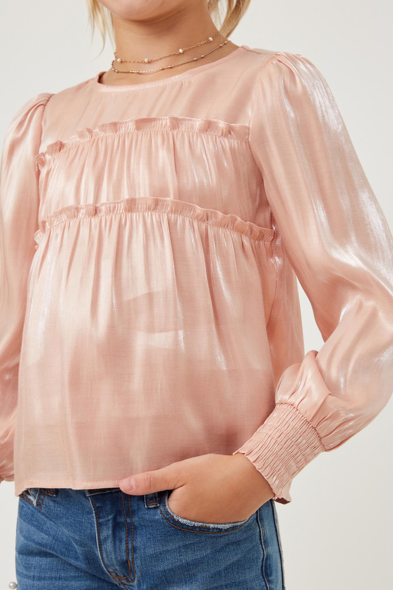 Iridescent Ruffled Smock Cuff Top for Women - Elegant Blouse for Casual Wear, Date Night & Office Outfits