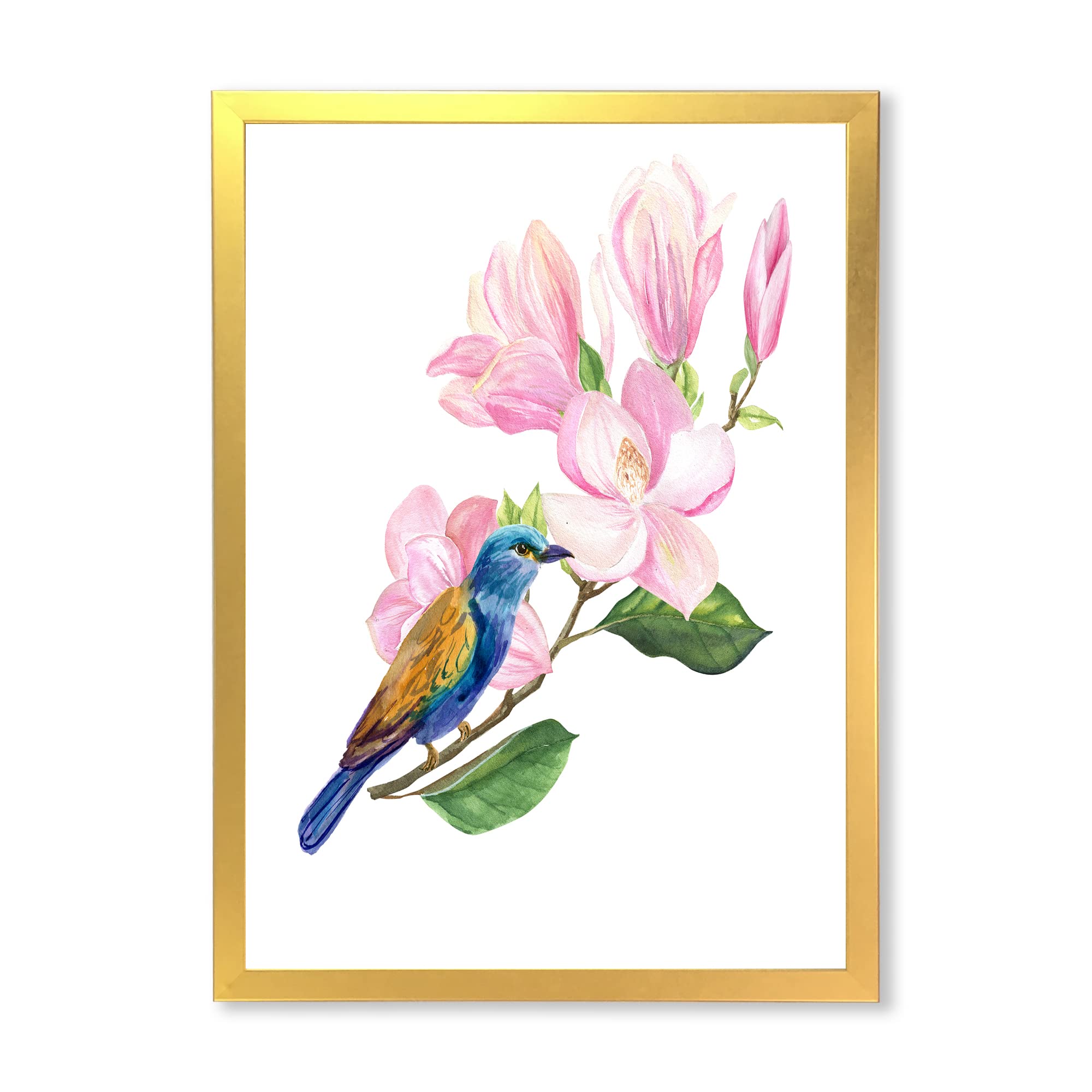 DesignQ Blue Bird Sitting on Pink Magnolia Sprig - Traditional Framed Wall Art Decor for Living Room, Bedroom & Office