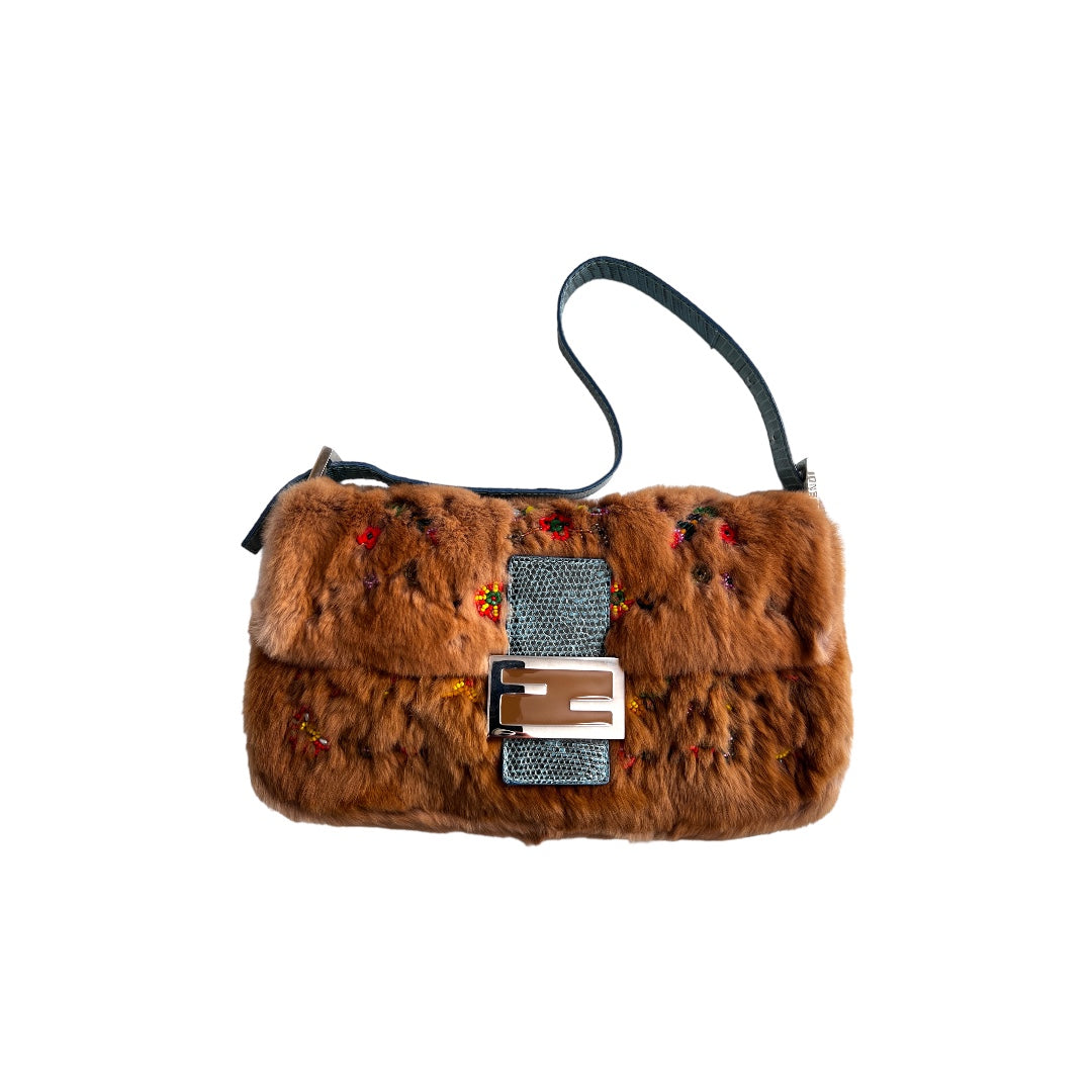 Vintage Fendi Caramel Rabbit Fur Beaded Baguette Bag - Luxury Designer Handbag for Women, Perfect for Evening Parties & Special Occasions