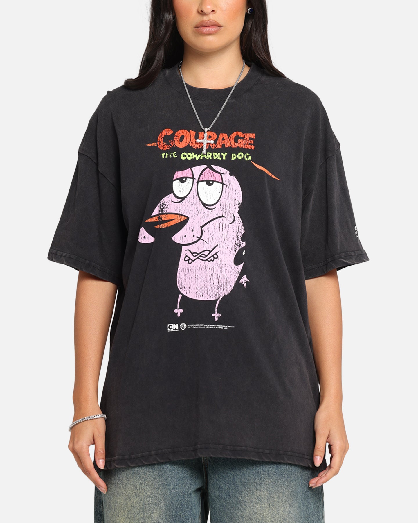 Vintage Courage The Cowardly Dog T-Shirt - Cartoon Network 90s Retro Graphic Tee - Black Acid Wash Distressed Style - Perfect for Halloween Cosplay & Anime Convention Outfits