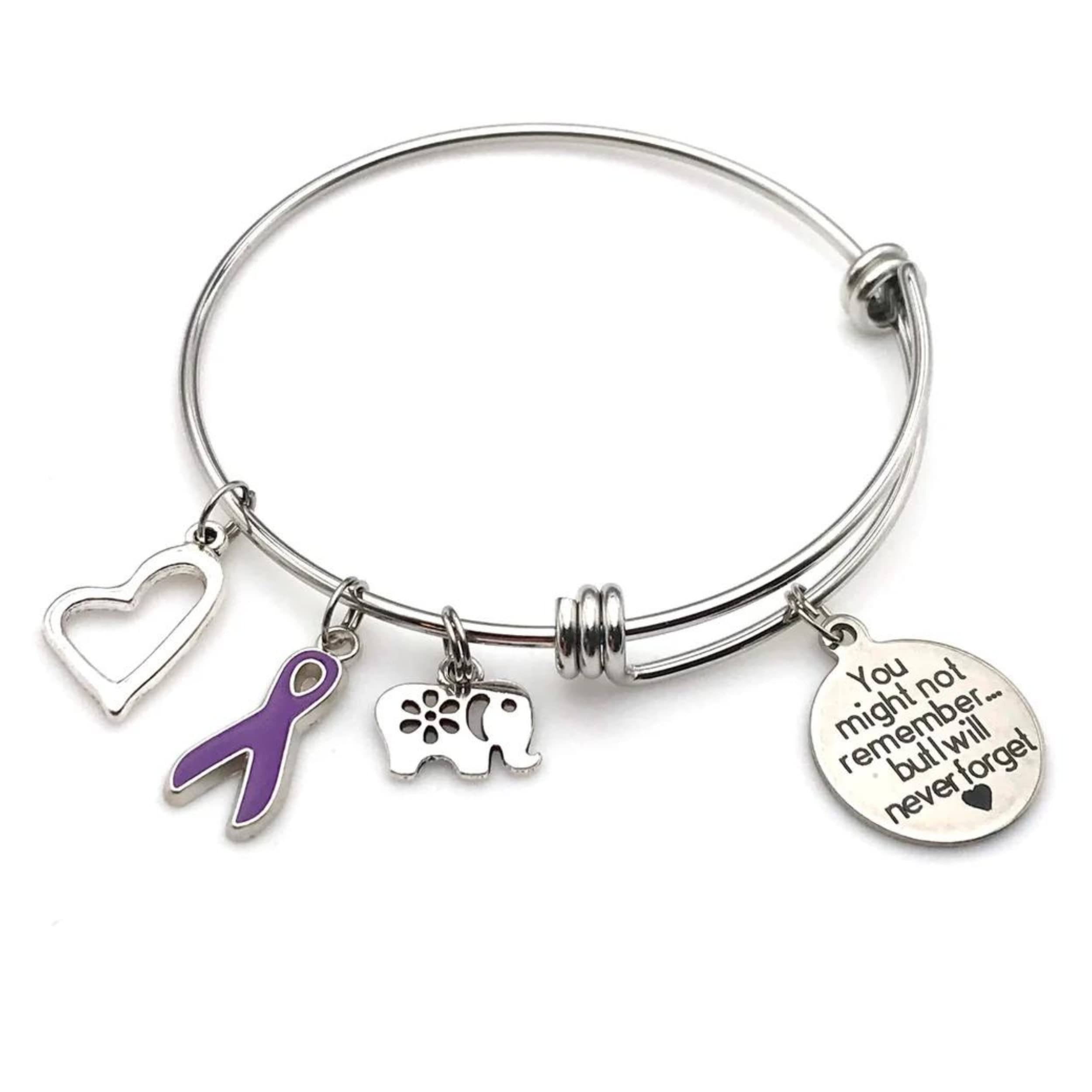 Never Forget Dementia Awareness Charm Bracelet - Inspirational Gift for Alzheimer's Support & Memory Care - Perfect for Caregivers, Patients & Awareness Events