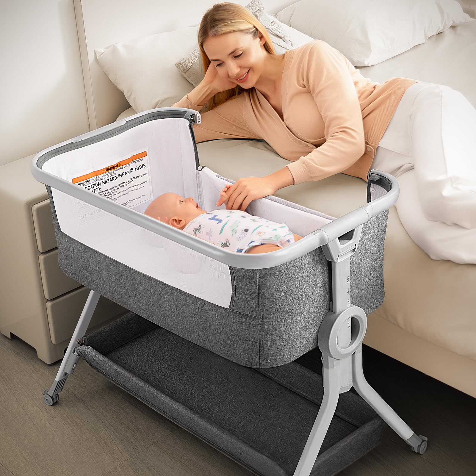 Larex Adjustable Baby Bassinet Bedside Sleeper with Storage Basket & Wheels - Portable Folding Crib for Newborns & Infants - Easy Assembly (Grey) - Perfect for Nursery, Bedroom & Travel Use