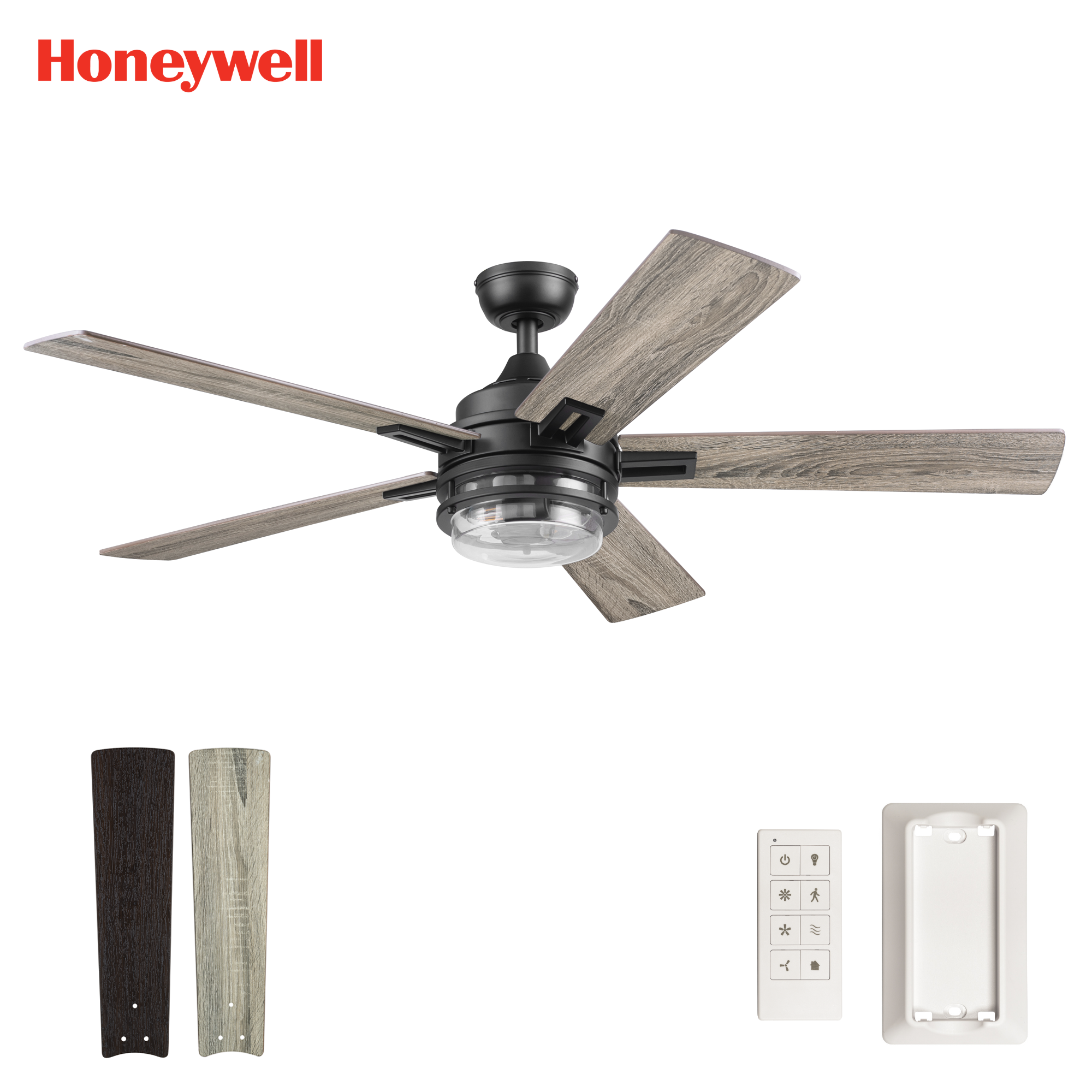 52 Inch Honeywell Myers Park Matte Black Ceiling Fan with Light Kit & Remote Control - Energy Efficient Indoor/Outdoor Cooling for Living Room, Bedroom, Patio