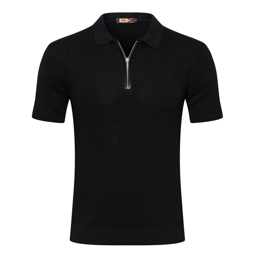 Premium Men's Silk Polo Shirt with Zipper Collar - Breathable Summer Shirt for Comfort & Style - Solid Color Casual Leather-Look Shirt for Business, Golf & Leisure Wear