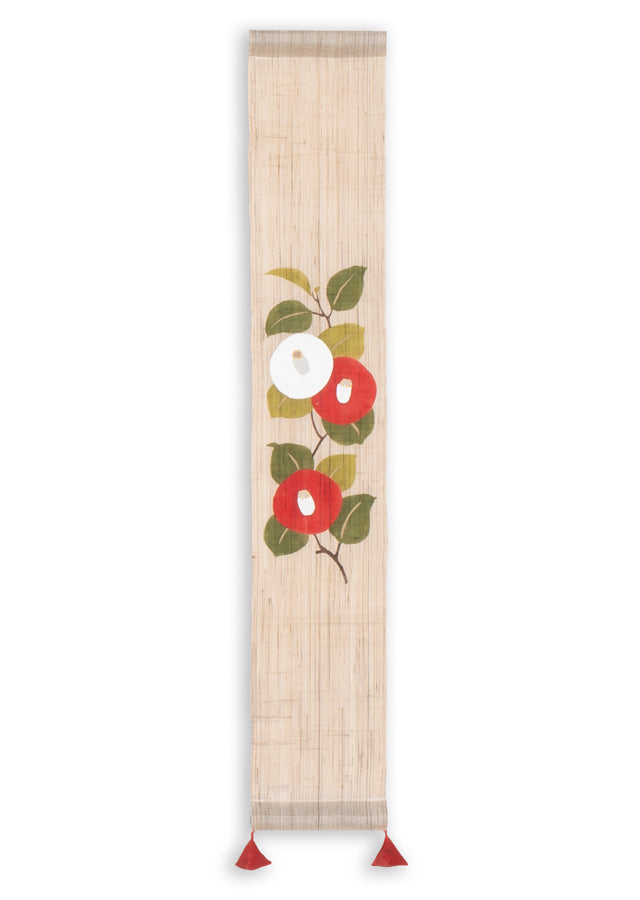 Hand-Dyed Linen Japanese Small Tapestry - Camellia Kyoto Noren Wall Hanging Scroll | Traditional Home Decor for Living Room, Bedroom & Entryway