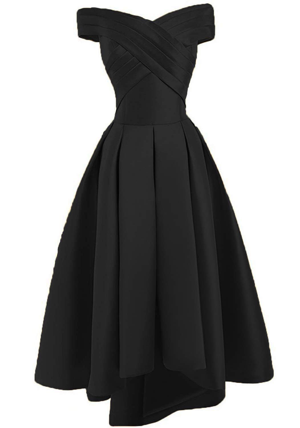 JAEDEN Black Satin Prom Dress - Off Shoulder High Low Evening Gown with Pleats for Bridesmaids, Formal Parties & Special Occasions | Perfect for Homecoming, Weddings & Red Carpet Events