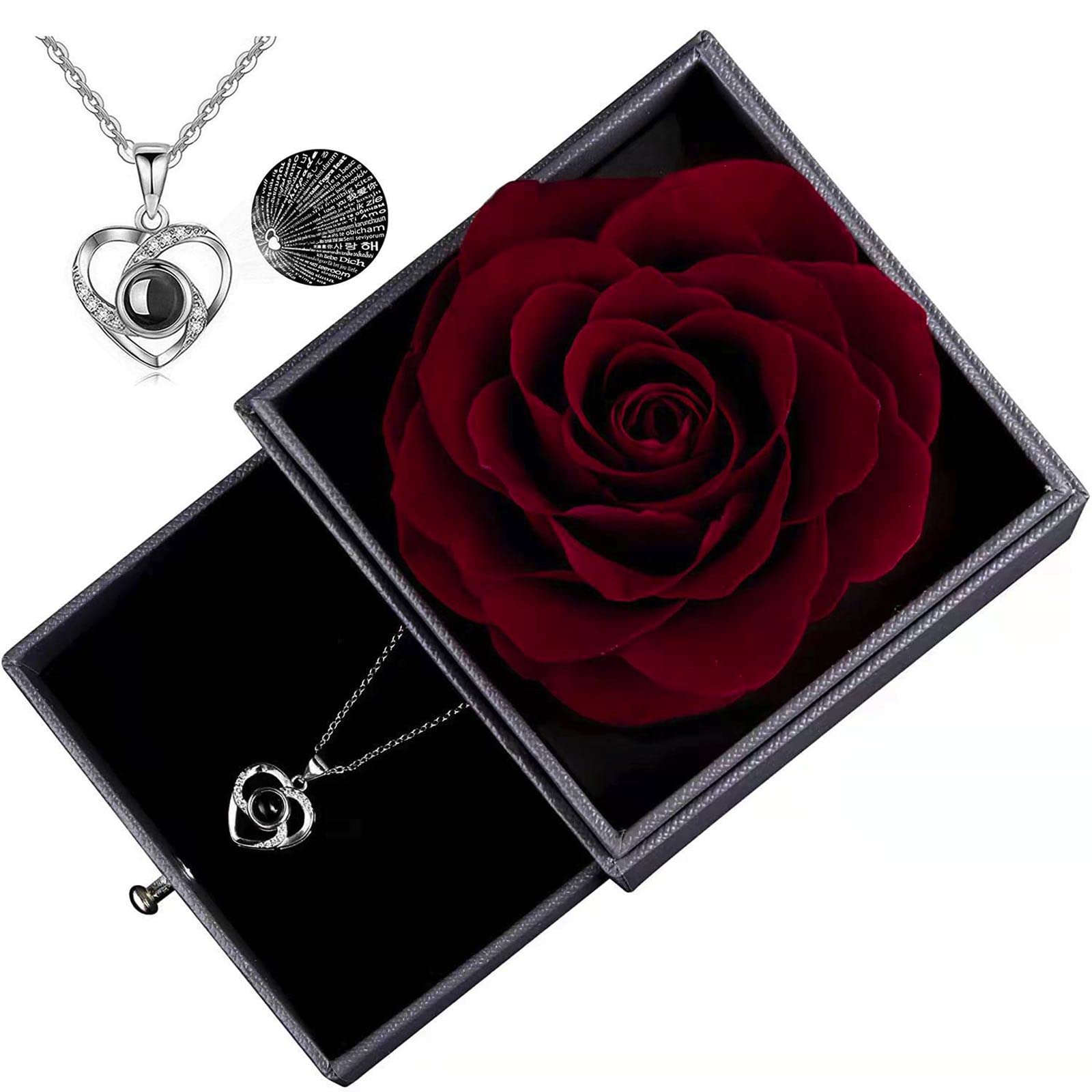 Handmade Preserved Real Rose in Heart Necklace - 'I Love You' in 100 Languages, Romantic Gift for Her, Valentine's Day, Anniversary, Mother's Day & Birthday (Wine Red) | Perfect for Surprise Proposals, Wedding Favors & Keepsake Jewelry