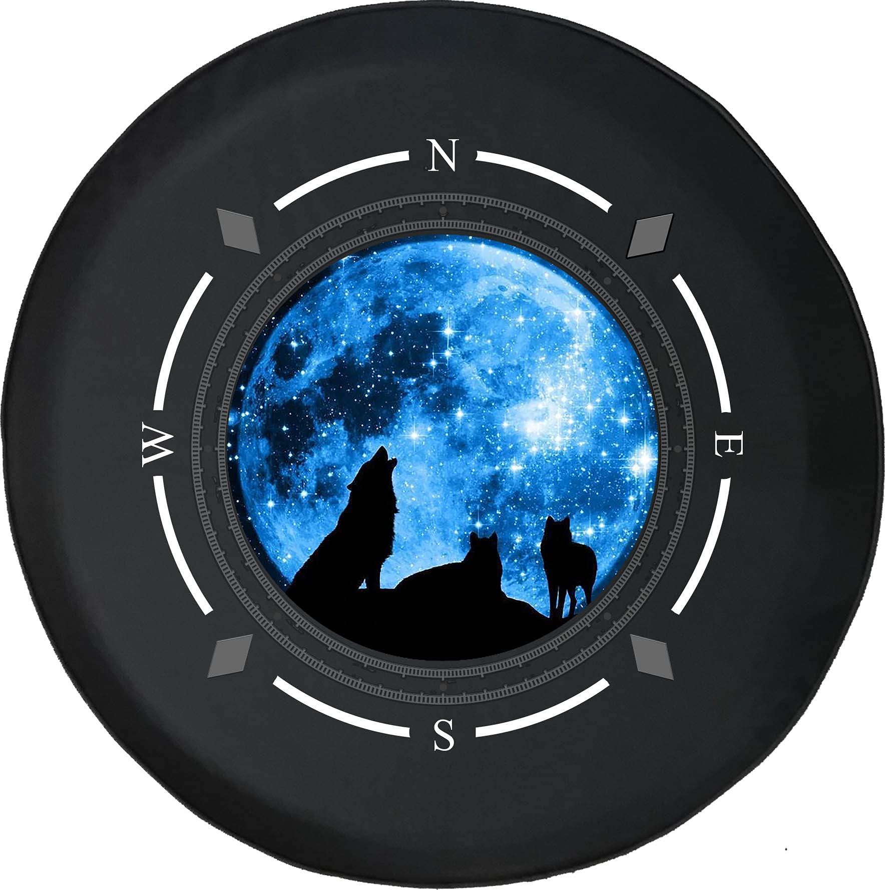 Premium American Unlimited Spare Tire Cover with Compass & Wolves Howling at Moon Design - Universal Fit for SUV, Trailer, RV & Most Vehicles | Durable Wheel Protector for Outdoor Adventures & Road Trips