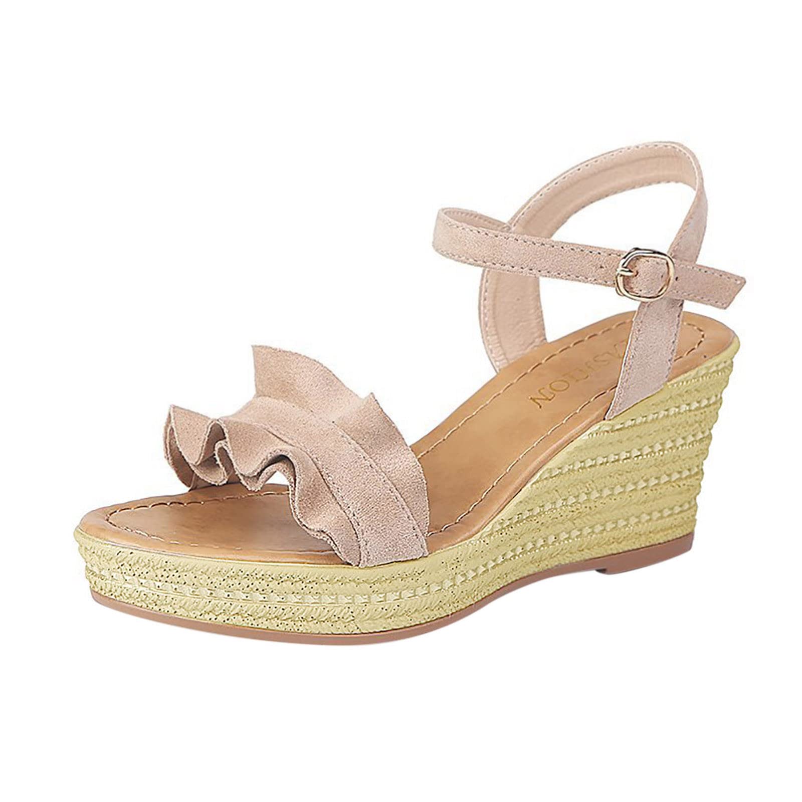 Retro Buckle Women's Nude Sandals with Strap - Peep Toe Wedge Sandals for Summer | Fashionable White Purse Sandals for Casual Outings & Beach Wear