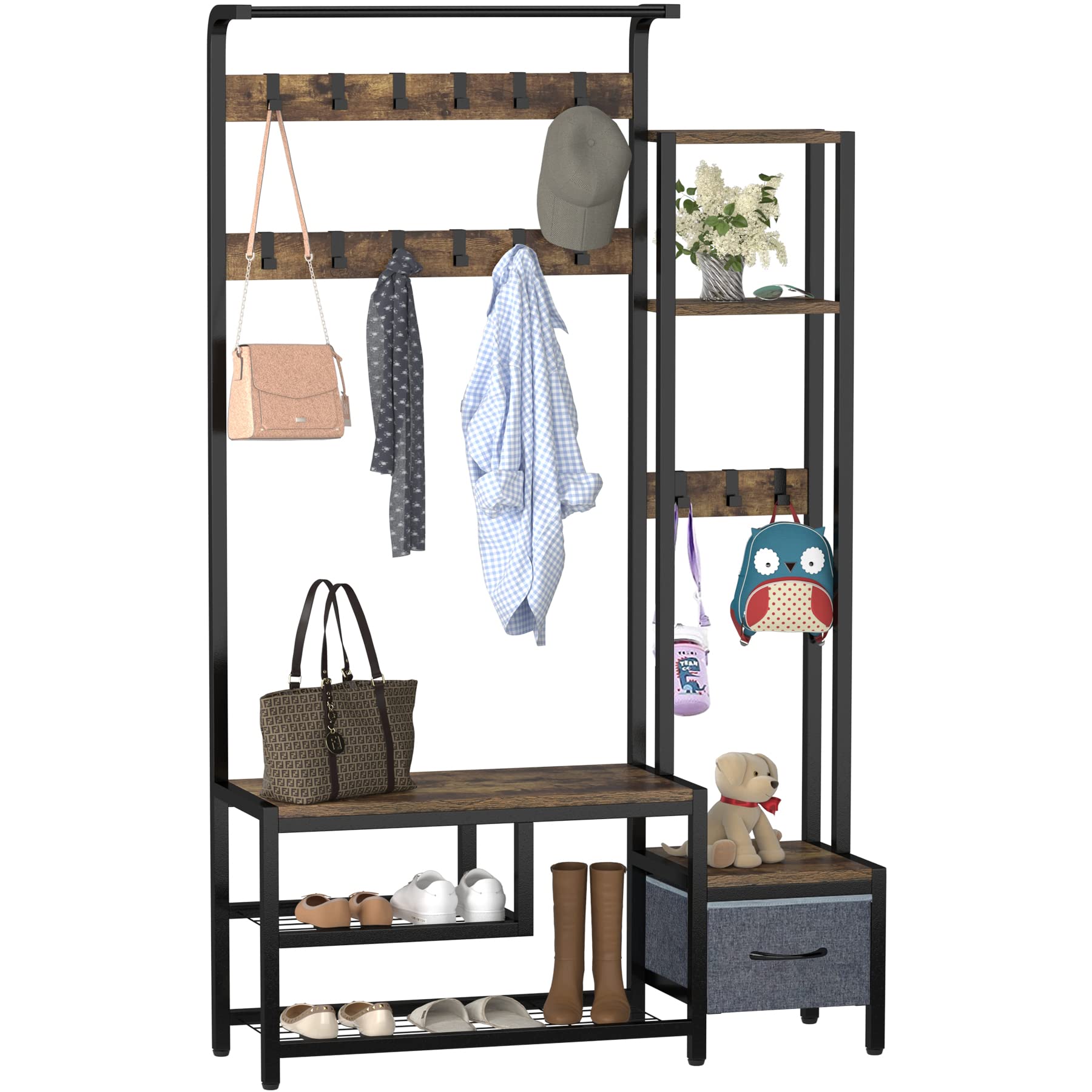 GDLF 3-in-1 Entryway Coat Rack with Bench, Shoe Storage & 15 Hooks - Rustic Brown Hall Tree with Drawer - Perfect for Mudroom, Foyer & Small Space Organization