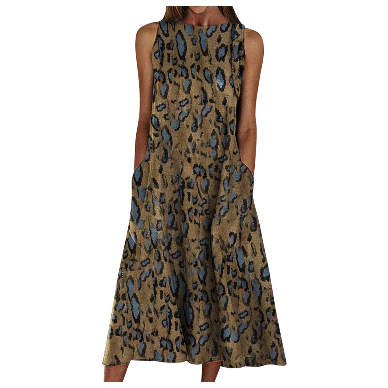 Women's Summer Swing Dress with Round Neck & Pockets - Floral Print Maxi Dress Long Sleeve Knee Length - Perfect for Beach Holidays, Vacations & Casual Outings