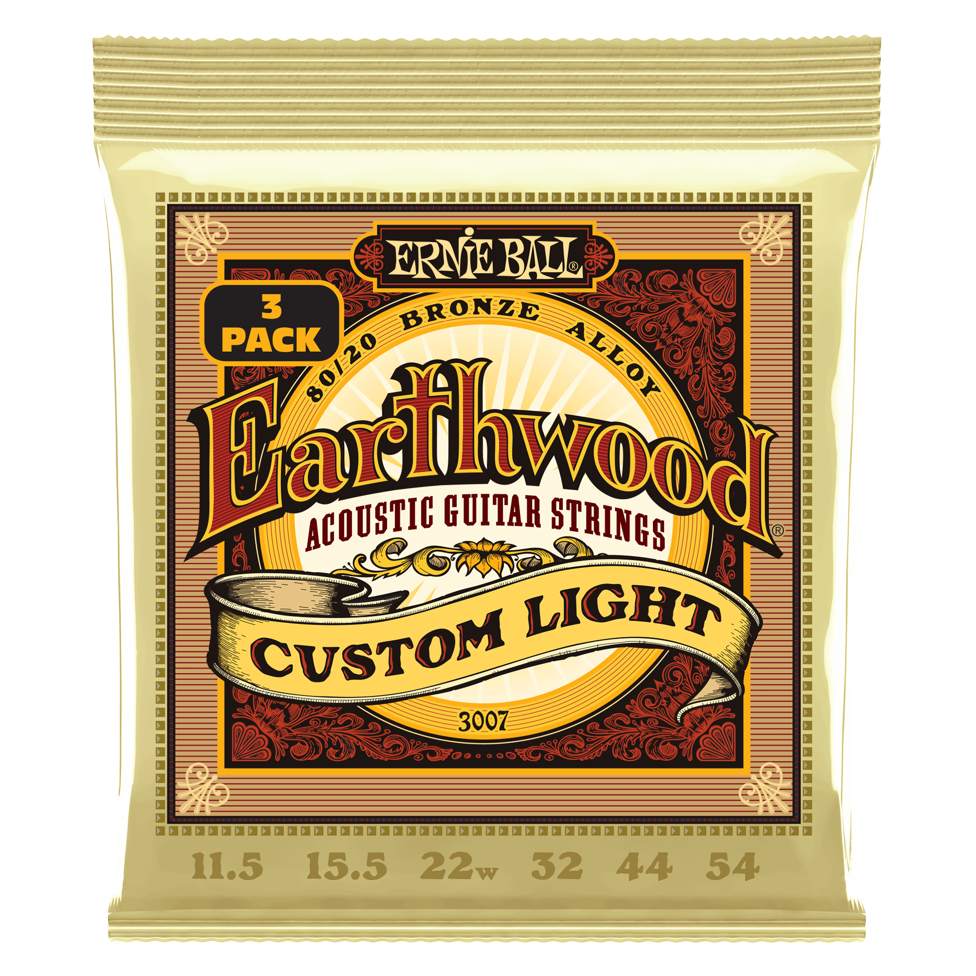 Ernie Ball Earthwood Custom Light 8020 Bronze Acoustic Guitar Strings (3-Pack) - 11.5-54 Gauge for Warm Tone & Playability | Perfect for Folk, Blues & Fingerstyle Playing